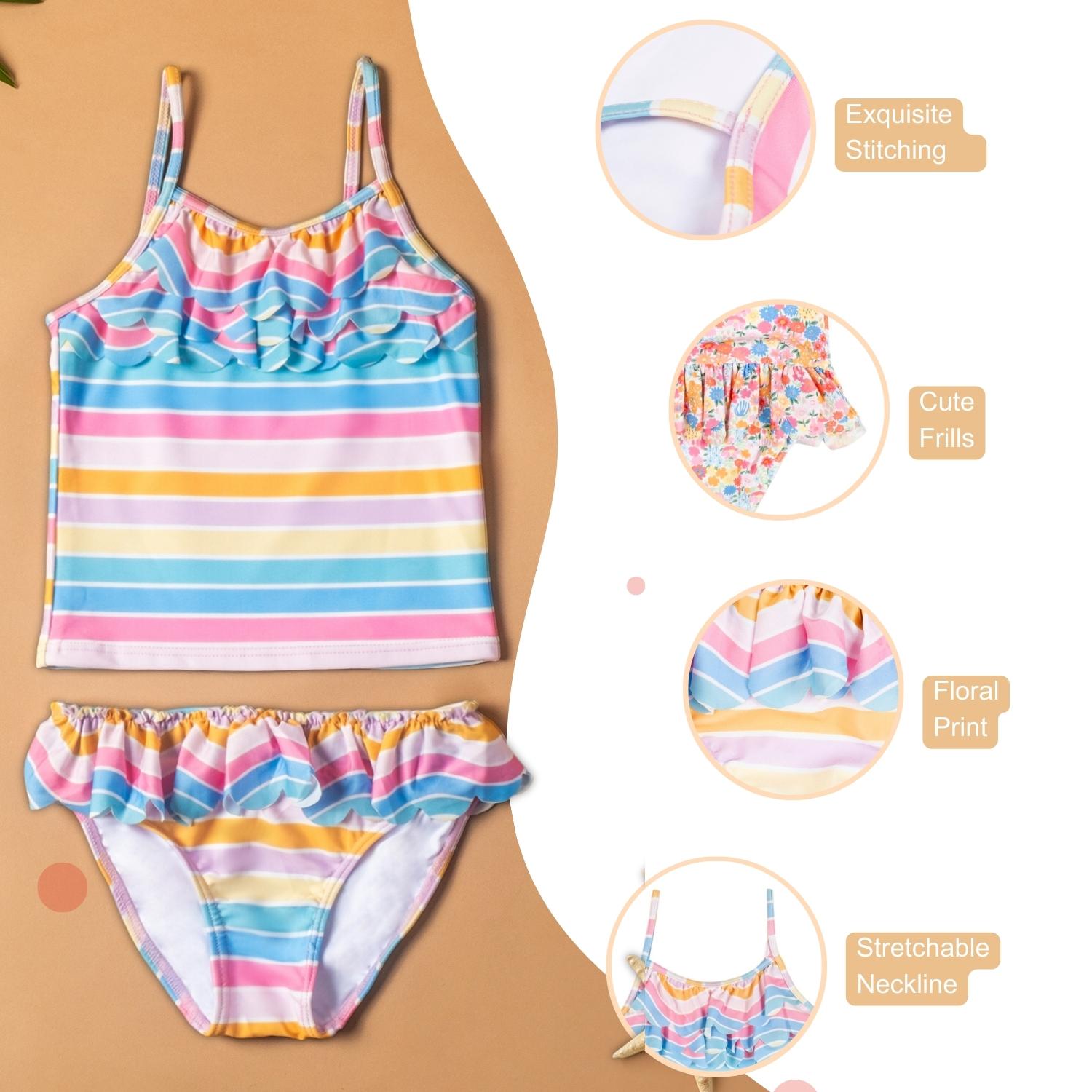 Baby Moo Rainbow Striped Beach Two-Piece Swimsuit Pool Swimming Costume - Pink