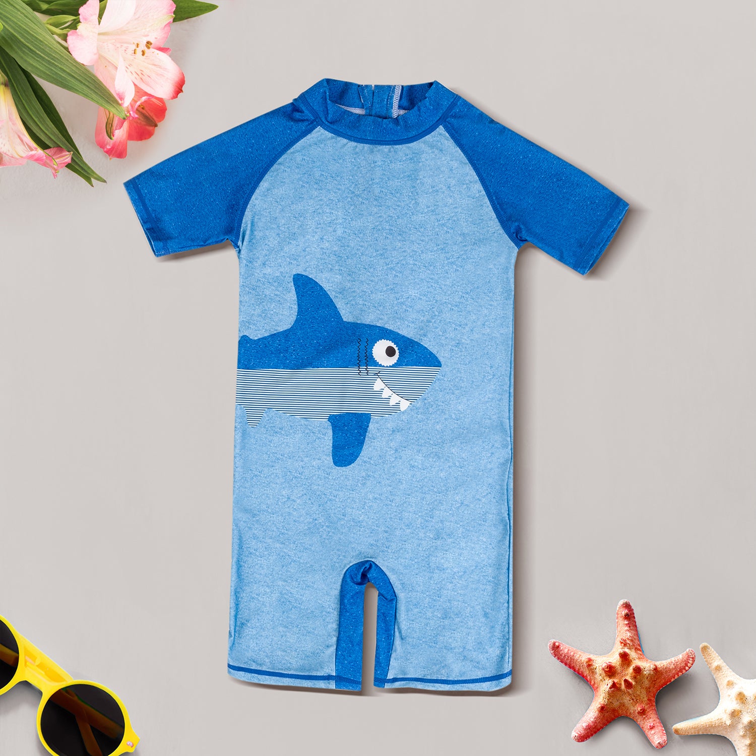 Baby Moo Smiling Shark Beach Bodysuit One-Piece Swimsuit Pool Swimming Costume - Blue