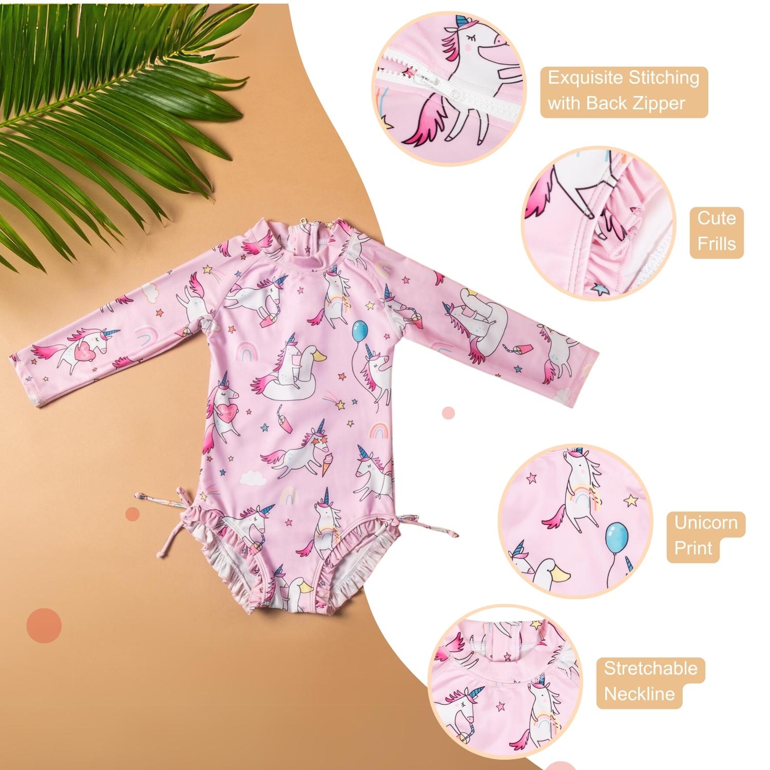 Baby Moo Playing Unicorn Beach Bodysuit One-Piece Swimsuit Pool Swimming Costume - Pink