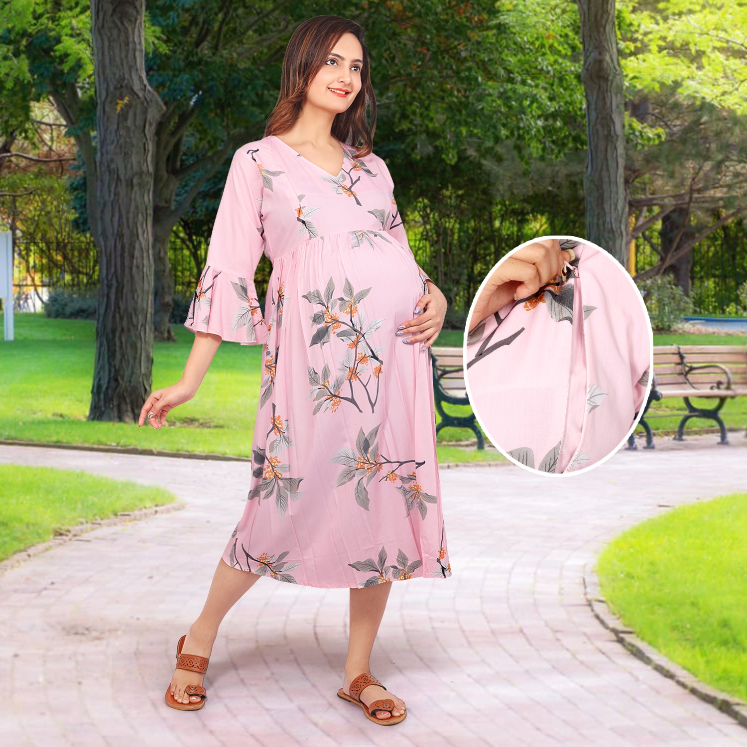 Baby Moo Half Sleeves Comfortable Nursing And Maternity Dress Flower Print  - Pink