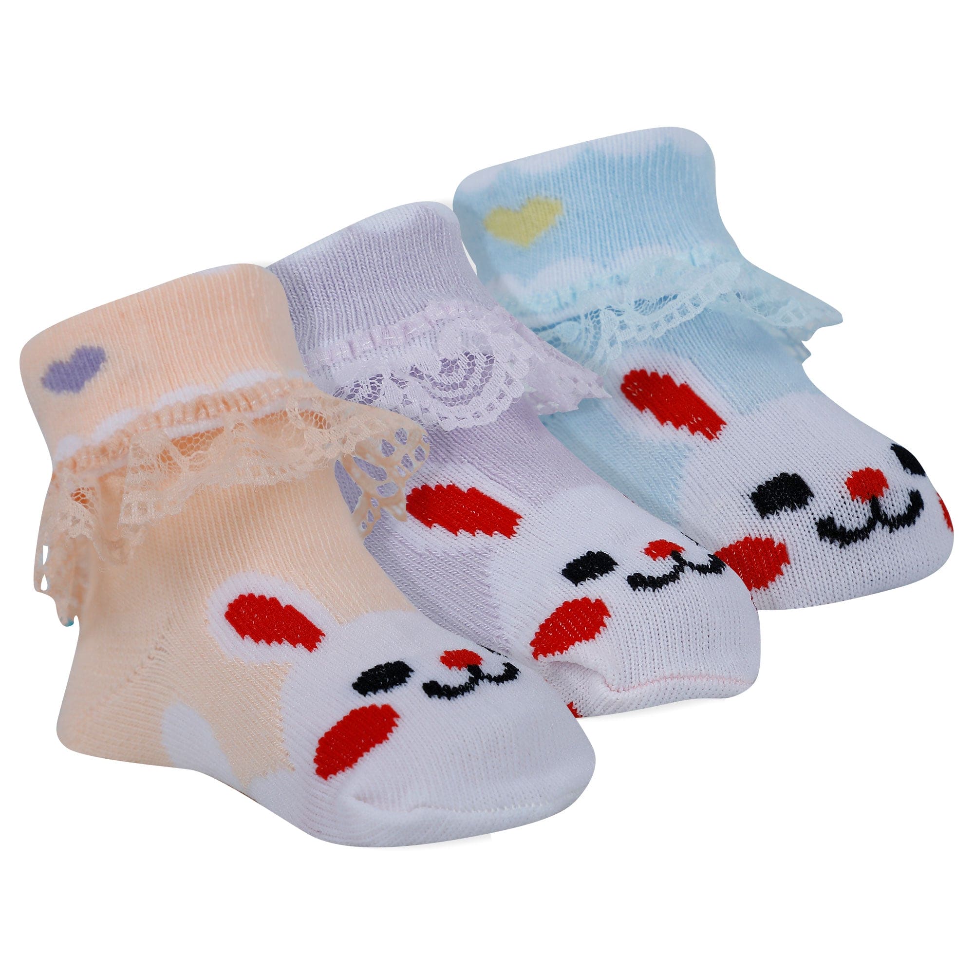 Baby Moo Heart Print Soft Lace Socks Pack of 3 - Peach, Blue