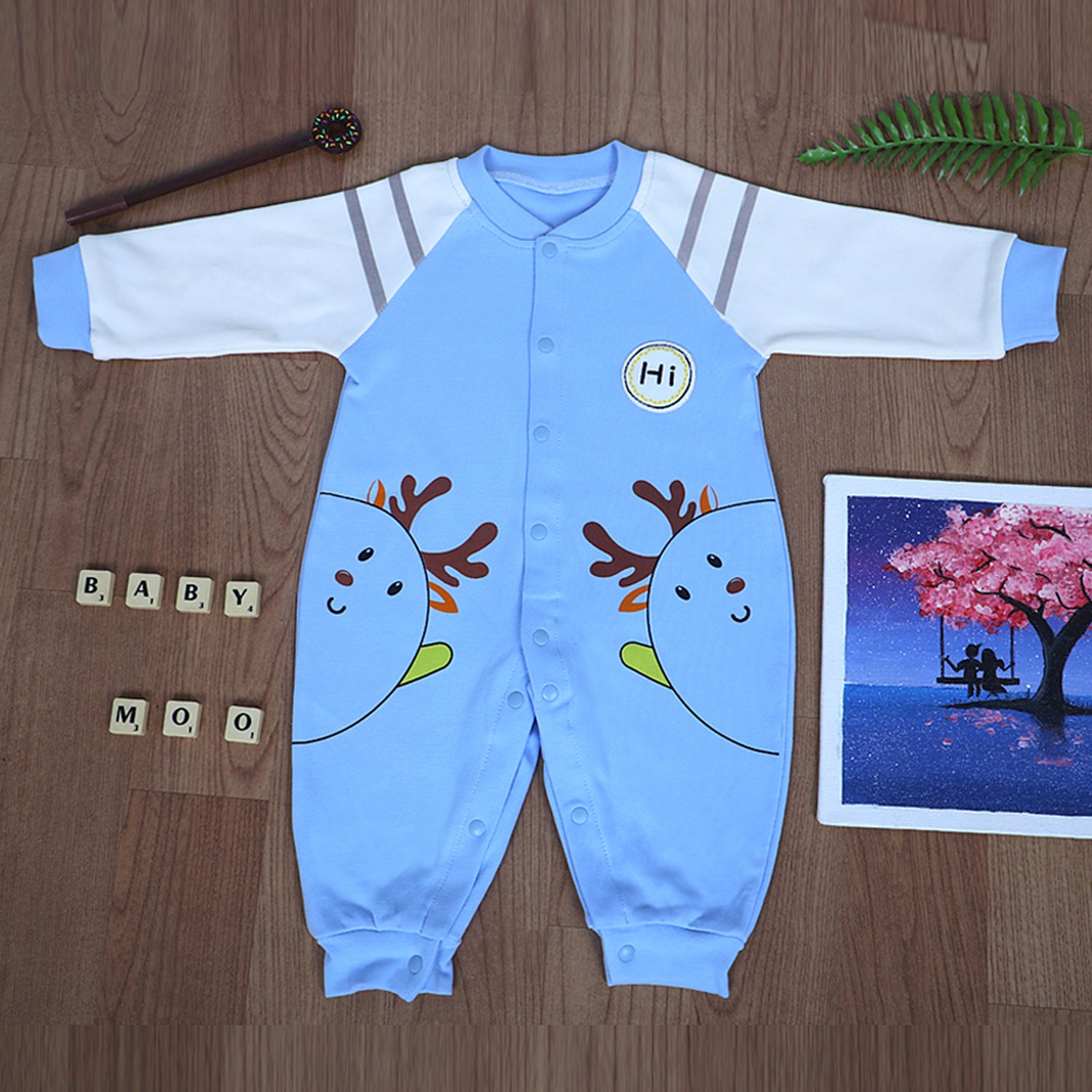 Hi Reindeer Full Sleeves Ankle Length One-Piece Snap Button Bodysuit - Blue