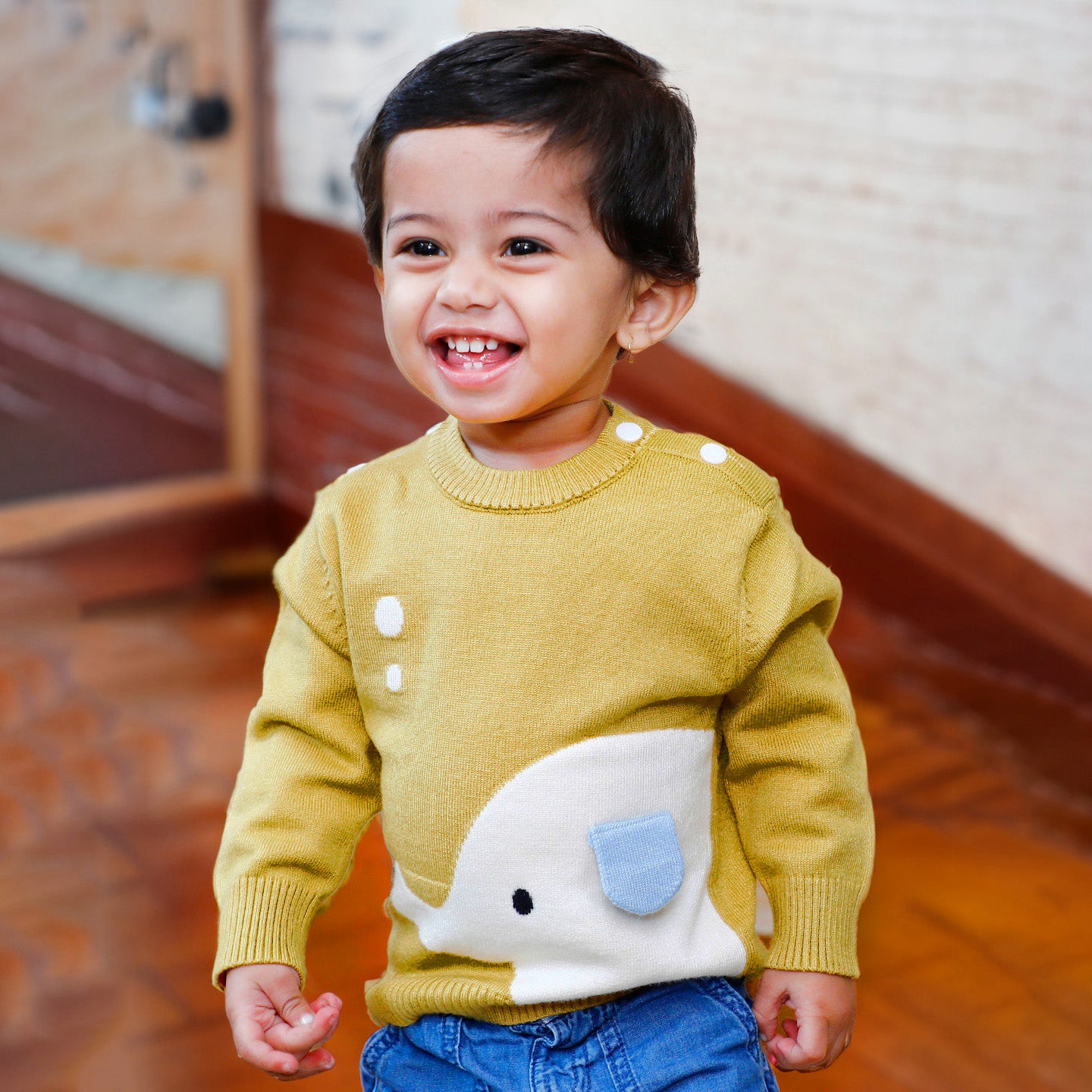 Elephant With 3D Ear Premium Full Sleeves Knitted Sweater - Mustard