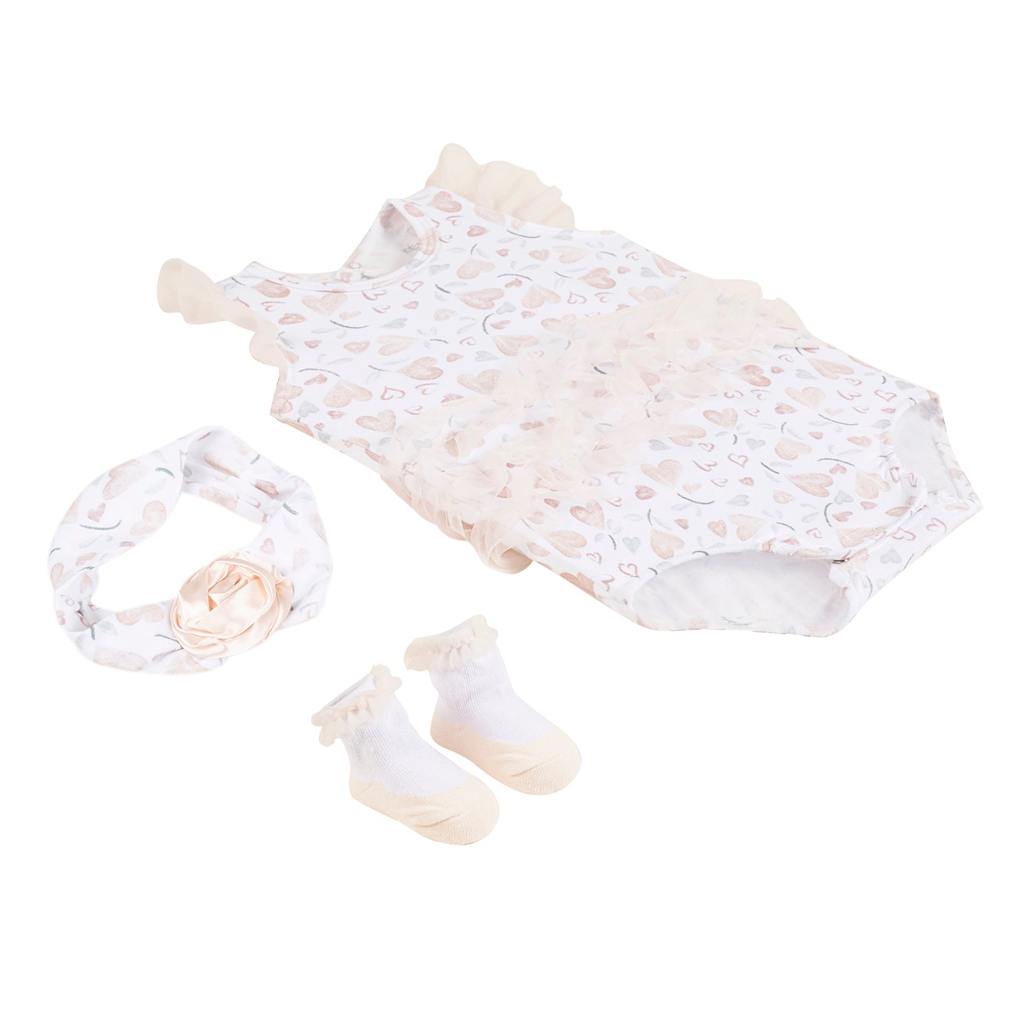 Baby Moo My Little Heart Gift Set 3 Piece With Bodysuit, Socks And Headband - Beige