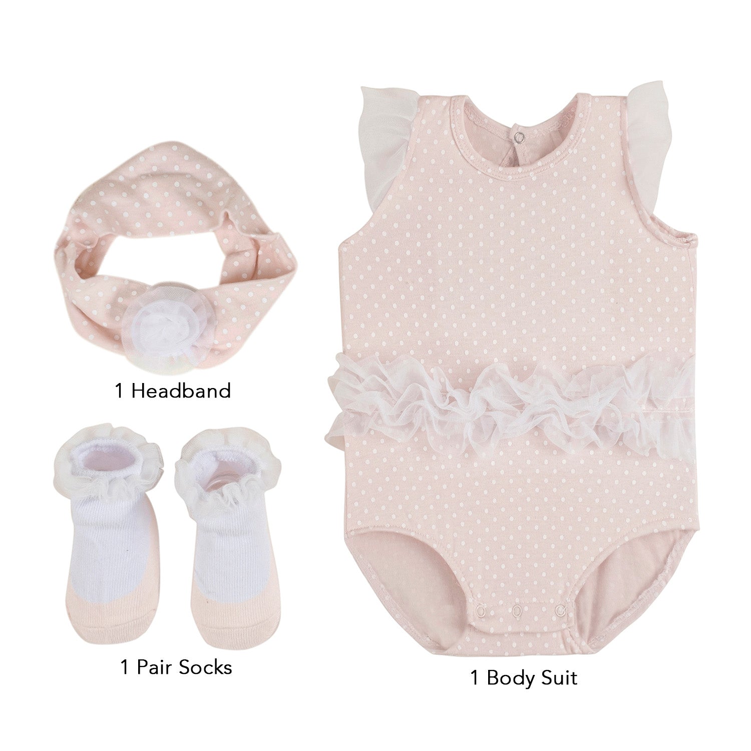Baby Moo Polka Dotted Gift Set 3 Piece With Bodysuit, Socks And Headband - Cream