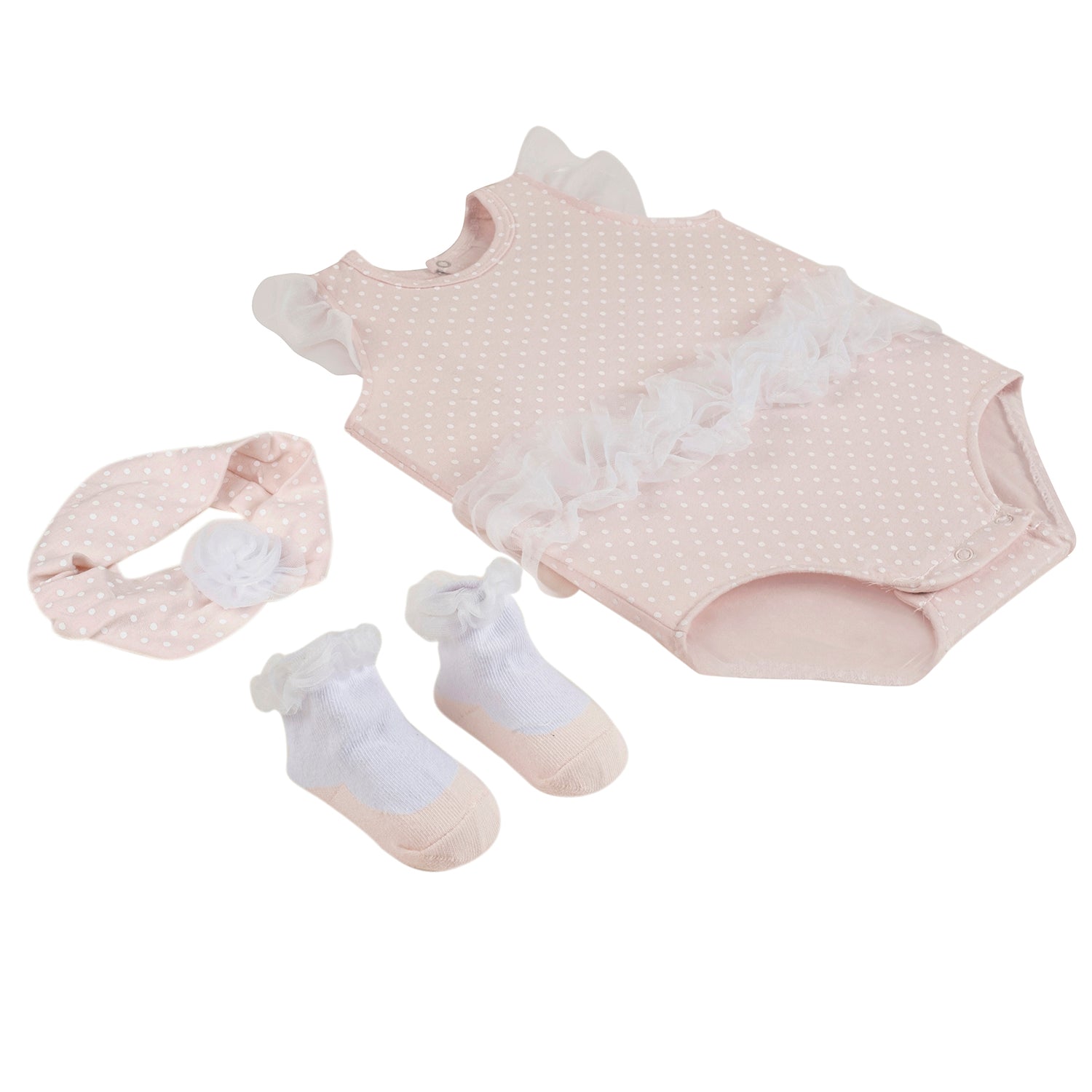 Baby Moo Polka Dotted Gift Set 3 Piece With Bodysuit, Socks And Headband - Peach