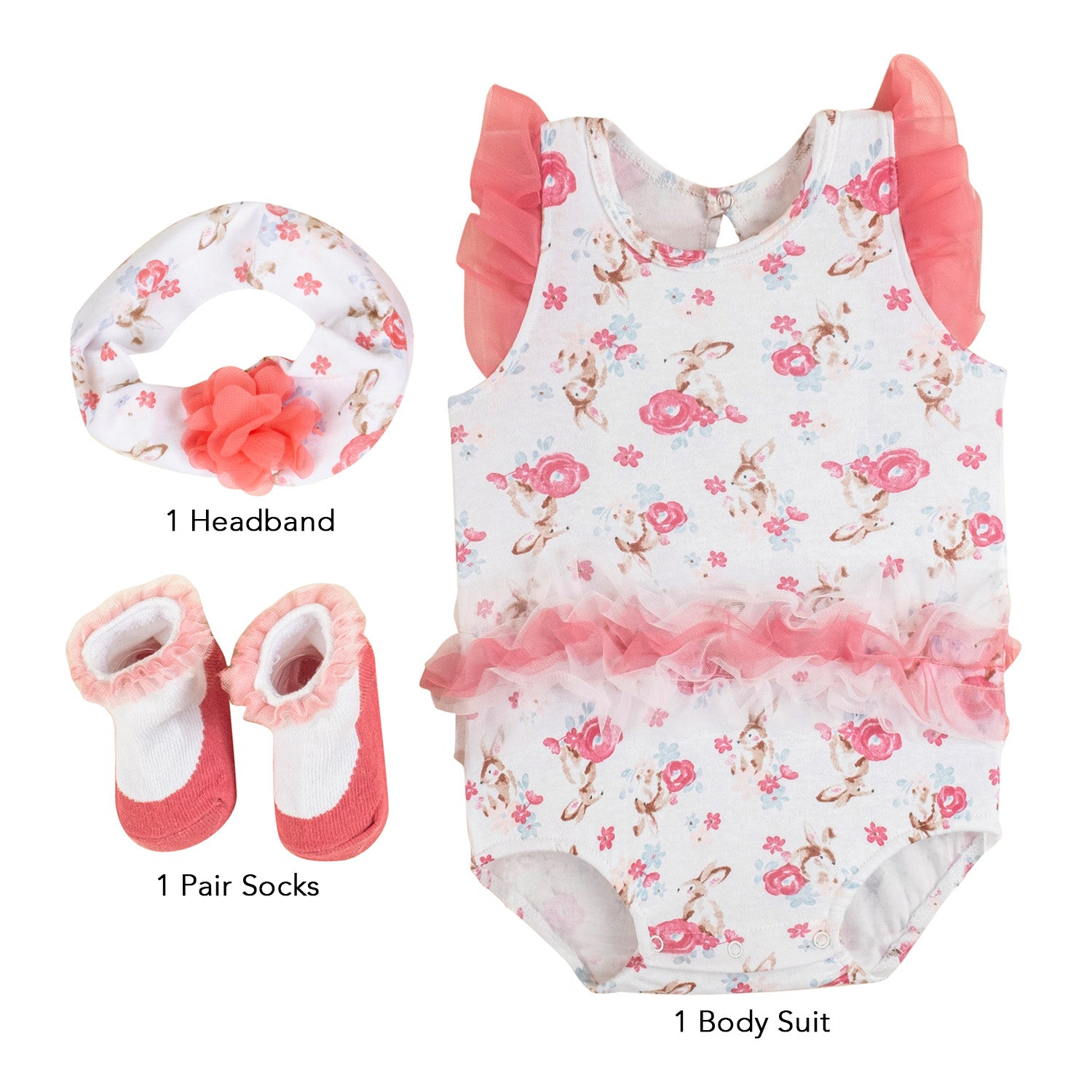 Baby Moo Garden Gift Set 3 Piece With Bodysuit, Socks And Headband - Pink, White