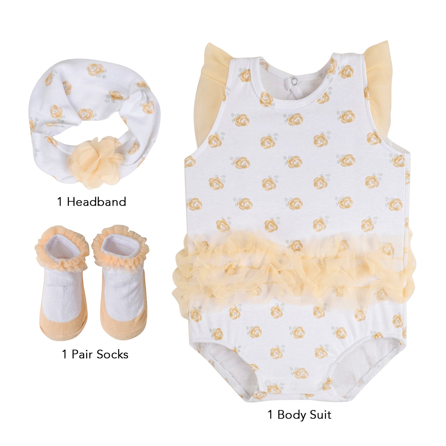 Baby Moo Rose Gift Set 3 Piece With Bodysuit, Socks And Headband - Yellow