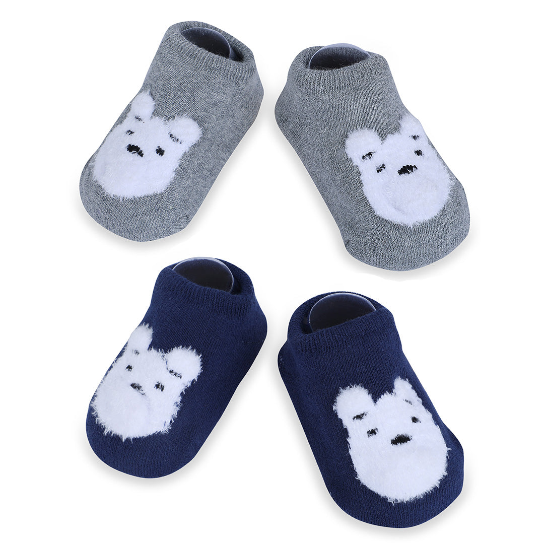 Baby Moo Bear Face Cotton Anti-Skid 2 Pair Socks - Grey - Baby Moo