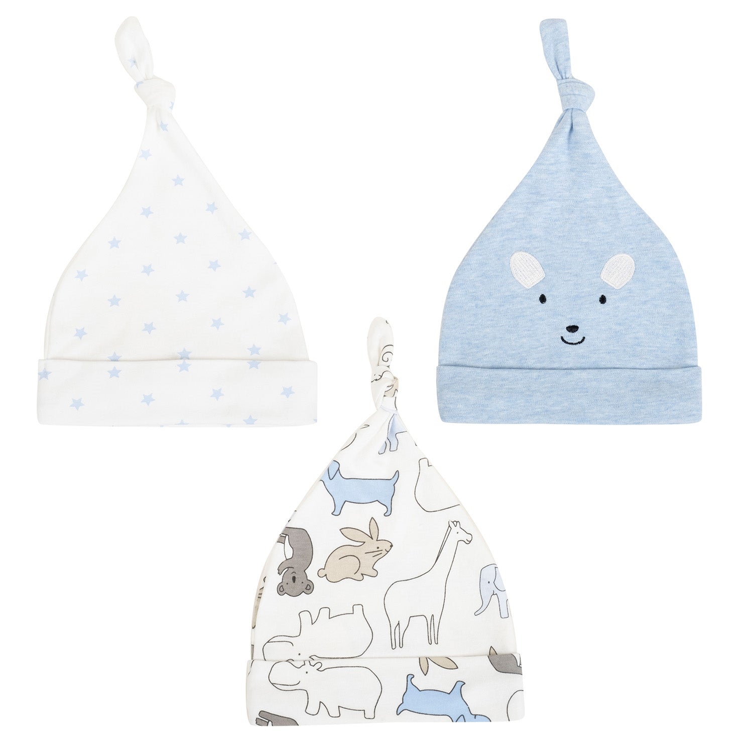 Baby Moo Animals Star Knotted Infants Ultra Soft 100% Cotton All Season Pack of 3 Caps - Cream