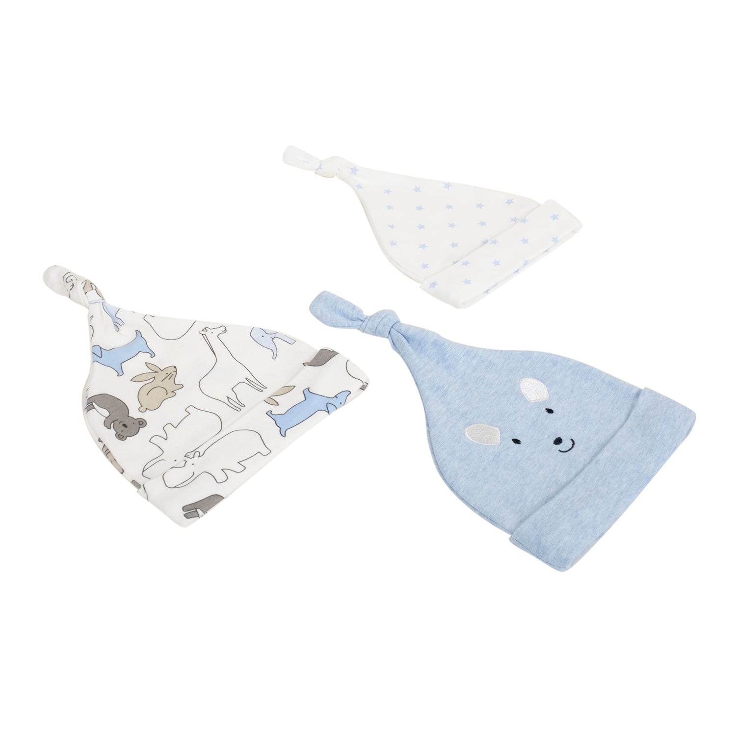 Baby Moo Animals Star Knotted Infants Ultra Soft 100% Cotton All Season Pack of 3 Caps - Cream