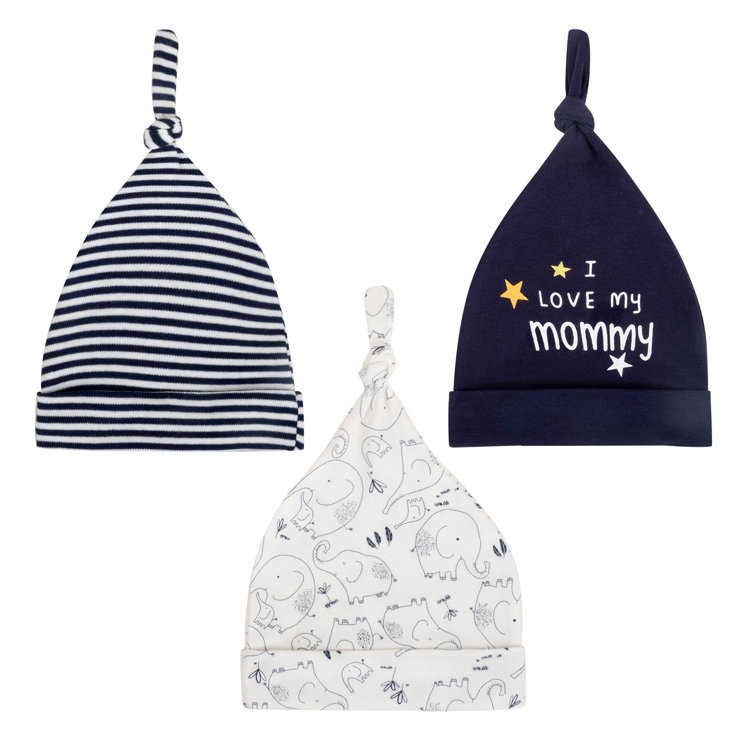 Baby Moo I Love Mom Mummy Knotted Infants Ultra Soft 100% Cotton All Season Pack of 3 Caps - White