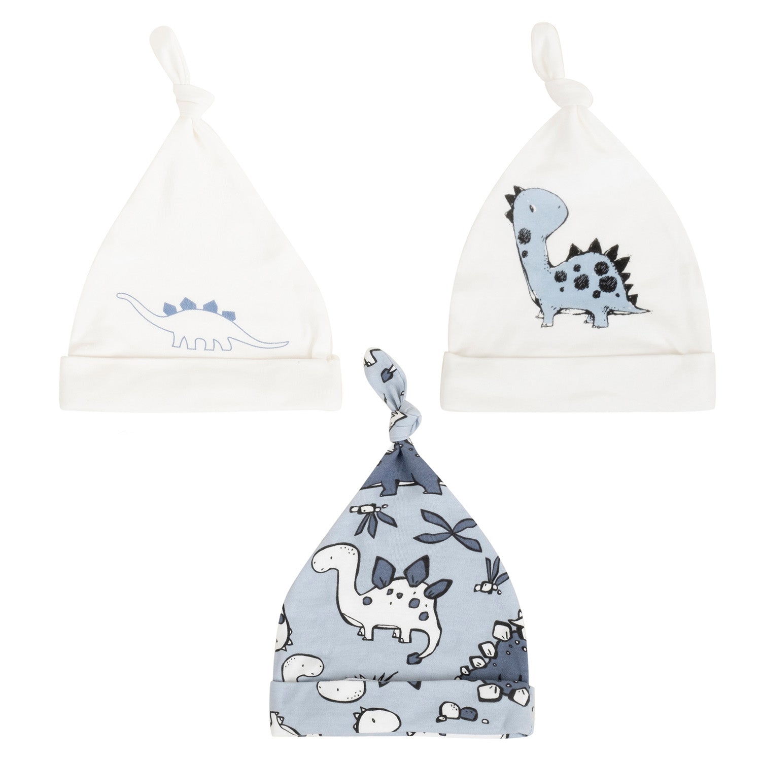 Baby Moo Dashing Dino Knotted Infants Ultra Soft 100% Cotton All Season Pack of 3 Caps - White