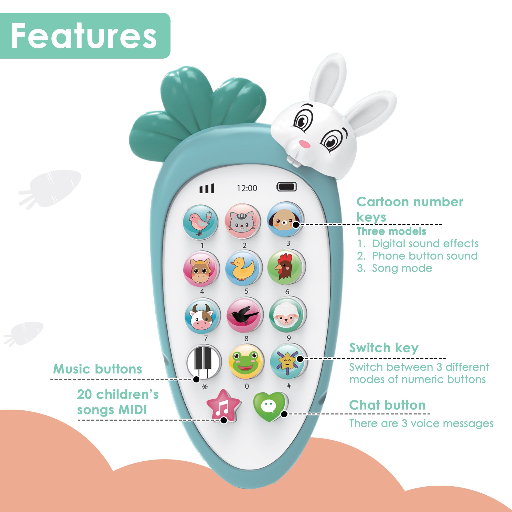 Baby Moo intelligent Bunny Interactive Musical Mobile Phone Toy For Kids With 20 Built-in Songs, Animal Sounds & Chat Button - Blue