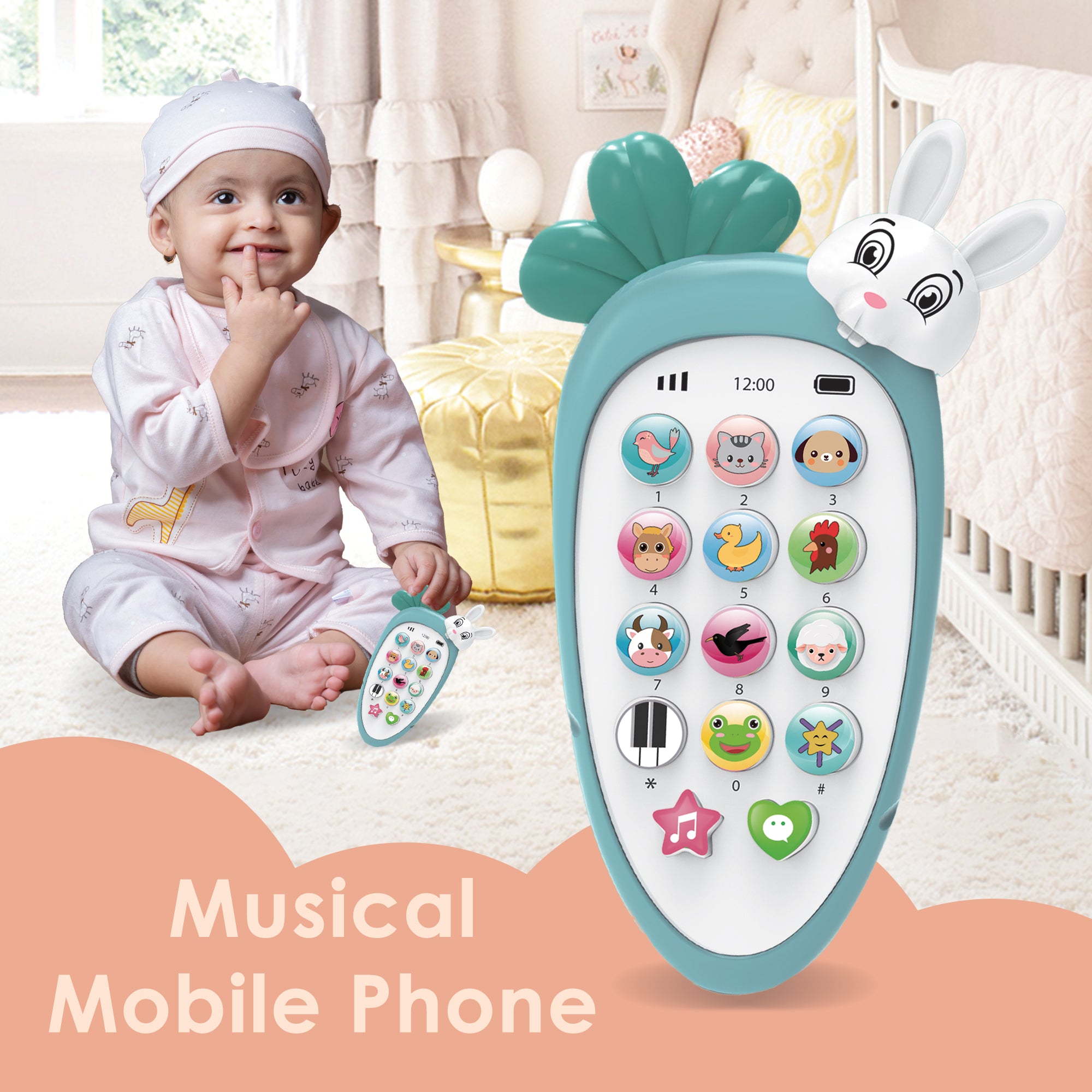 Baby Moo intelligent Bunny Interactive Musical Mobile Phone Toy For Kids With 20 Built-in Songs, Animal Sounds & Chat Button - Blue