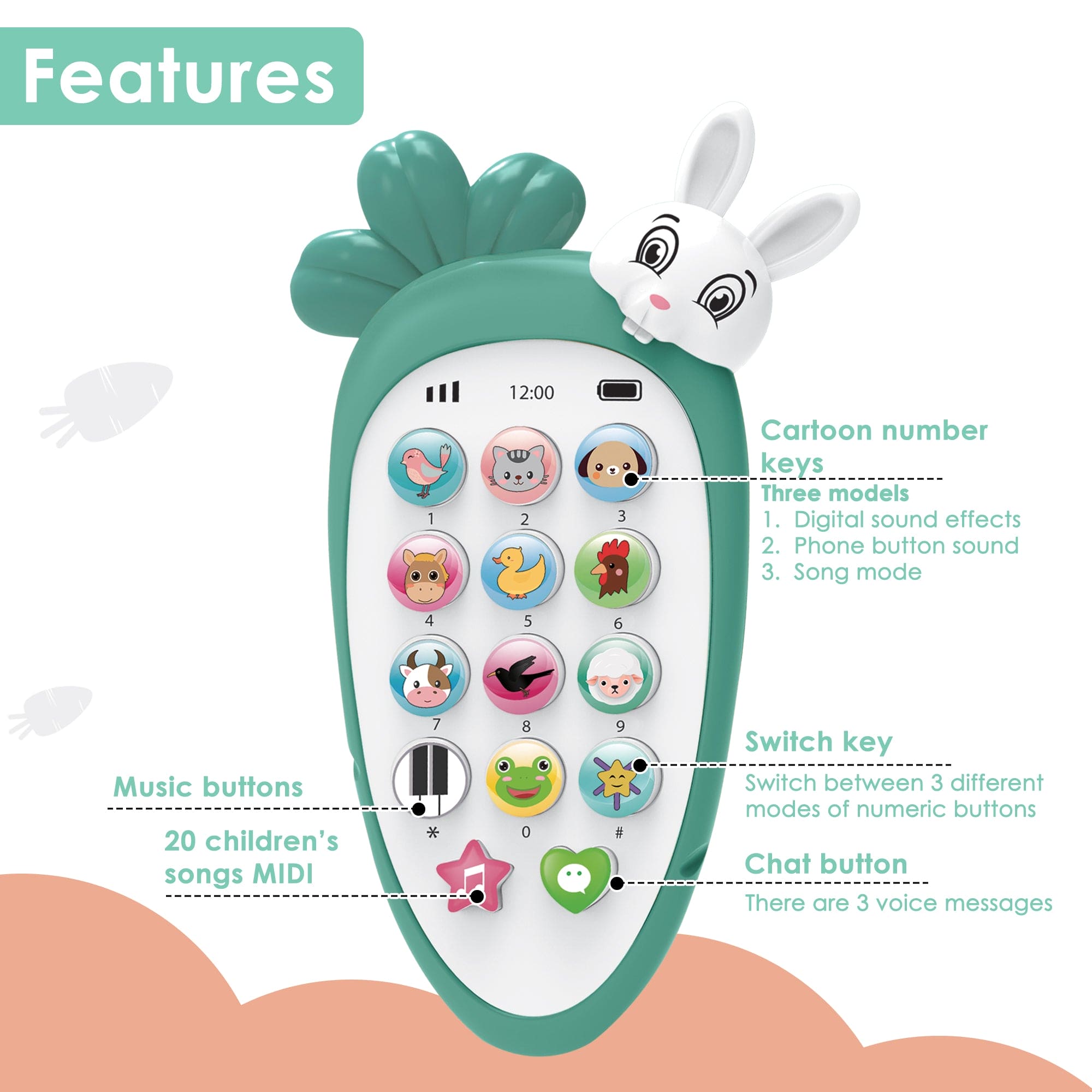 Baby Moo intelligent Bunny Interactive Musical Mobile Phone Toy For Kids With 20 Built-in Songs, Animal Sounds & Chat Button - Light Green