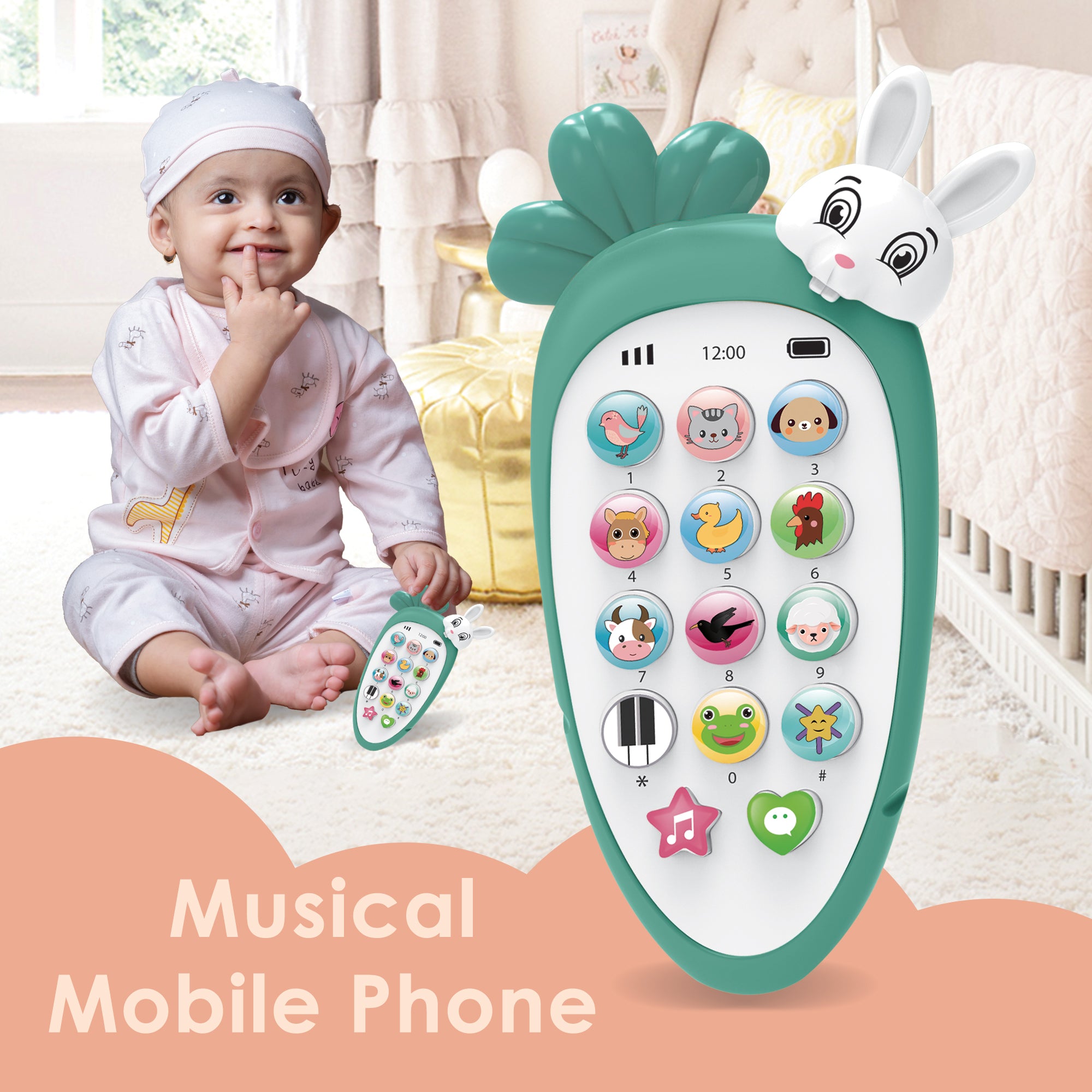 Baby Moo intelligent Bunny Interactive Musical Mobile Phone Toy For Kids With 20 Built-in Songs, Animal Sounds & Chat Button - Light Green