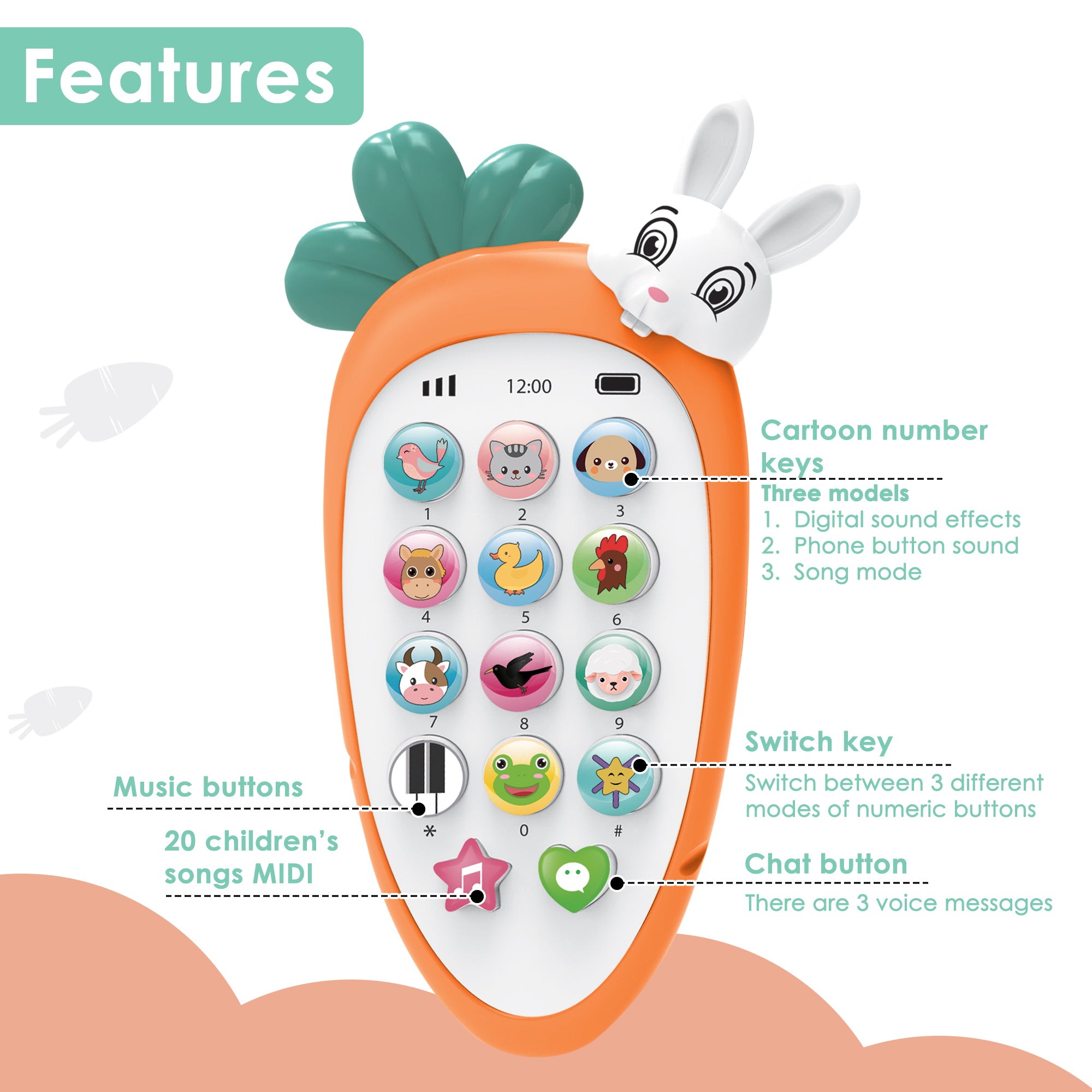 Baby Moo intelligent Bunny Interactive Musical Mobile Phone Toy For Kids With 20 Built-in Songs, Animal Sounds & Chat Button - Orange