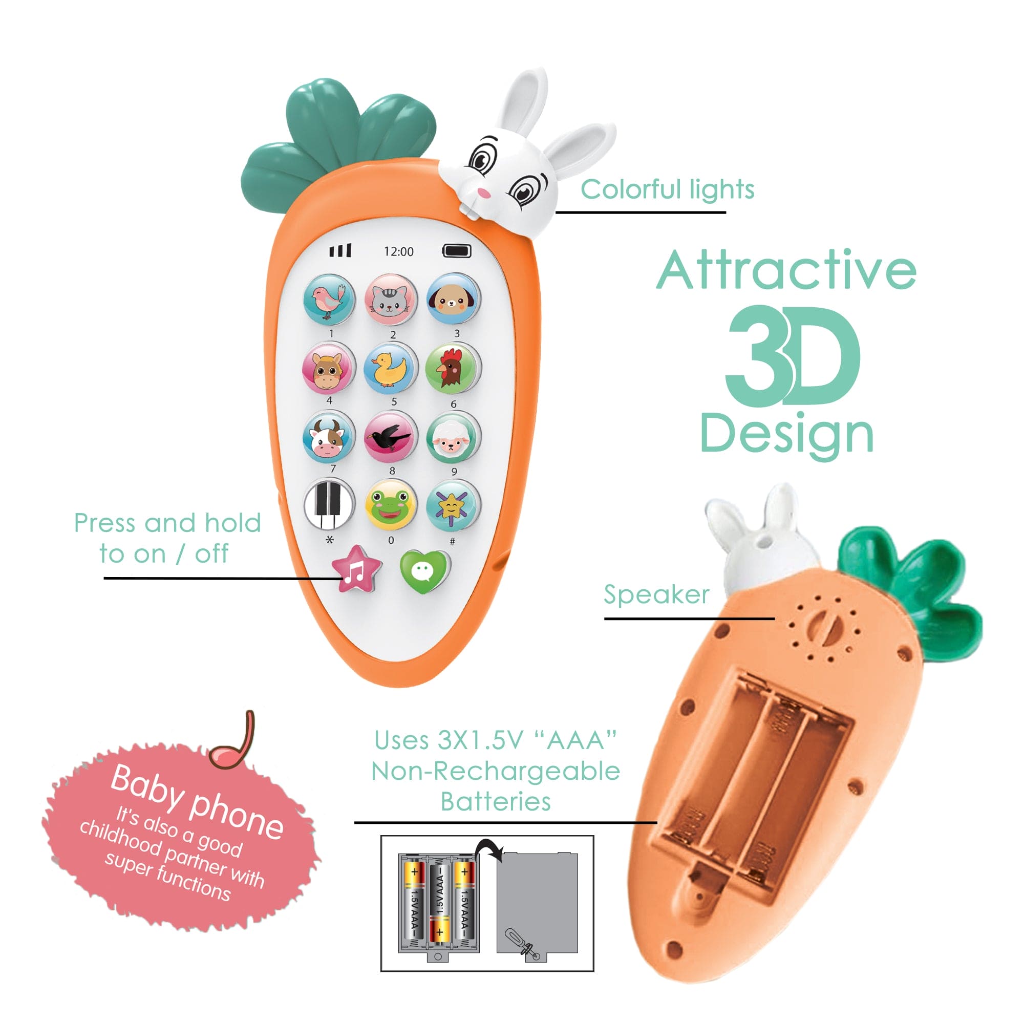 Baby Moo intelligent Bunny Interactive Musical Mobile Phone Toy For Kids With 20 Built-in Songs, Animal Sounds & Chat Button - Orange