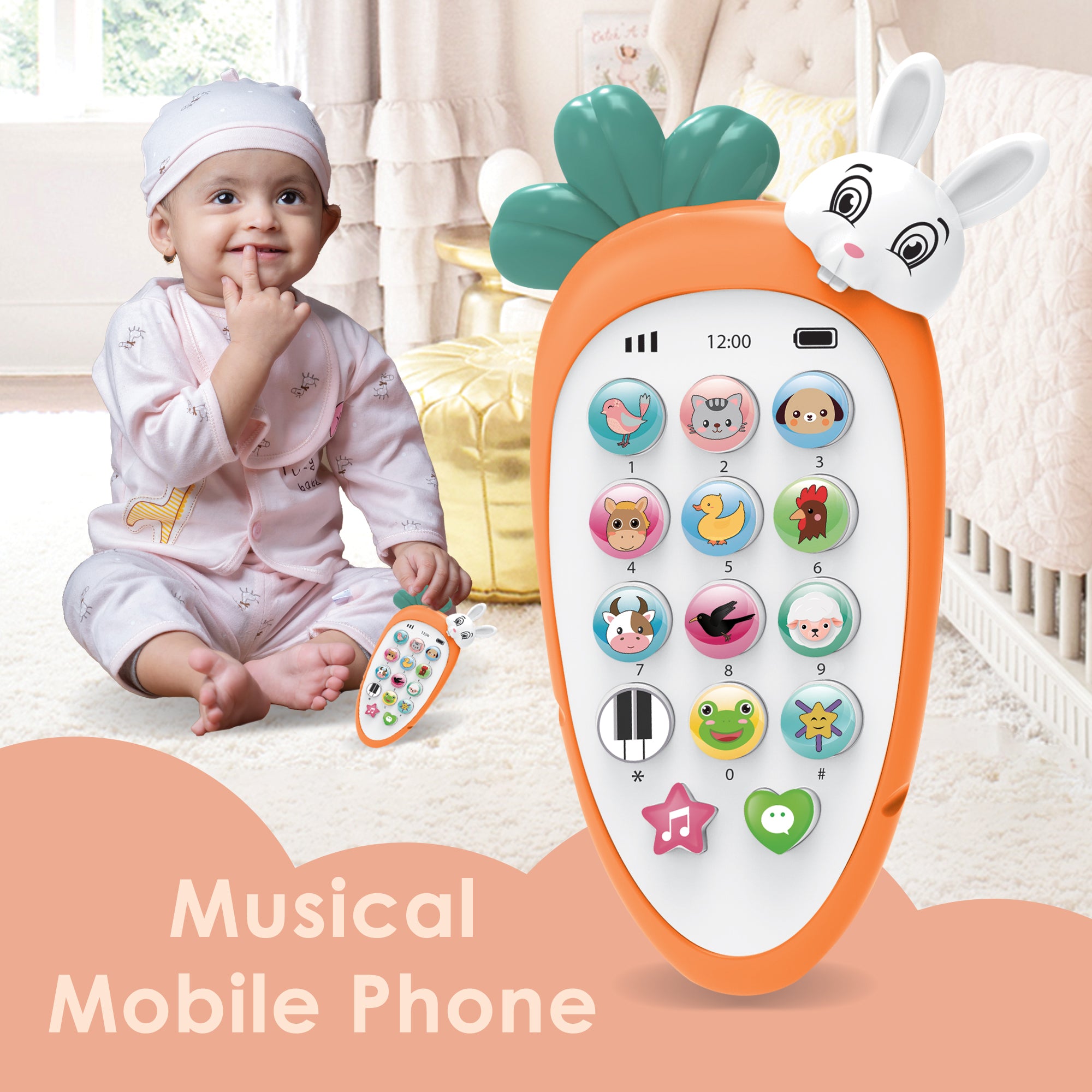 Baby Moo intelligent Bunny Interactive Musical Mobile Phone Toy For Kids With 20 Built-in Songs, Animal Sounds & Chat Button - Orange