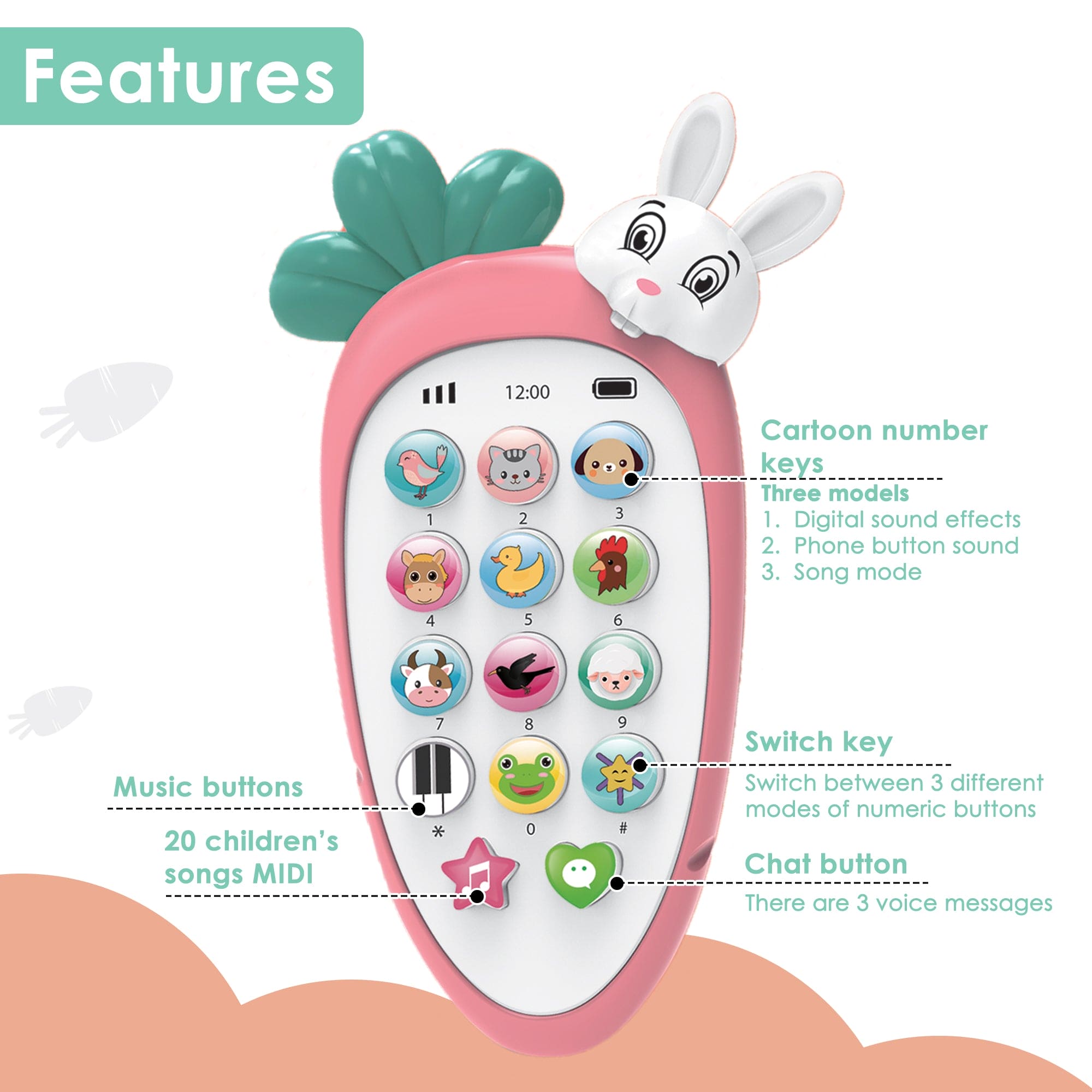 Baby Moo intelligent Bunny Interactive Musical Mobile Phone Toy For Kids With 20 Built-in Songs, Animal Sounds & Chat Button - Pink