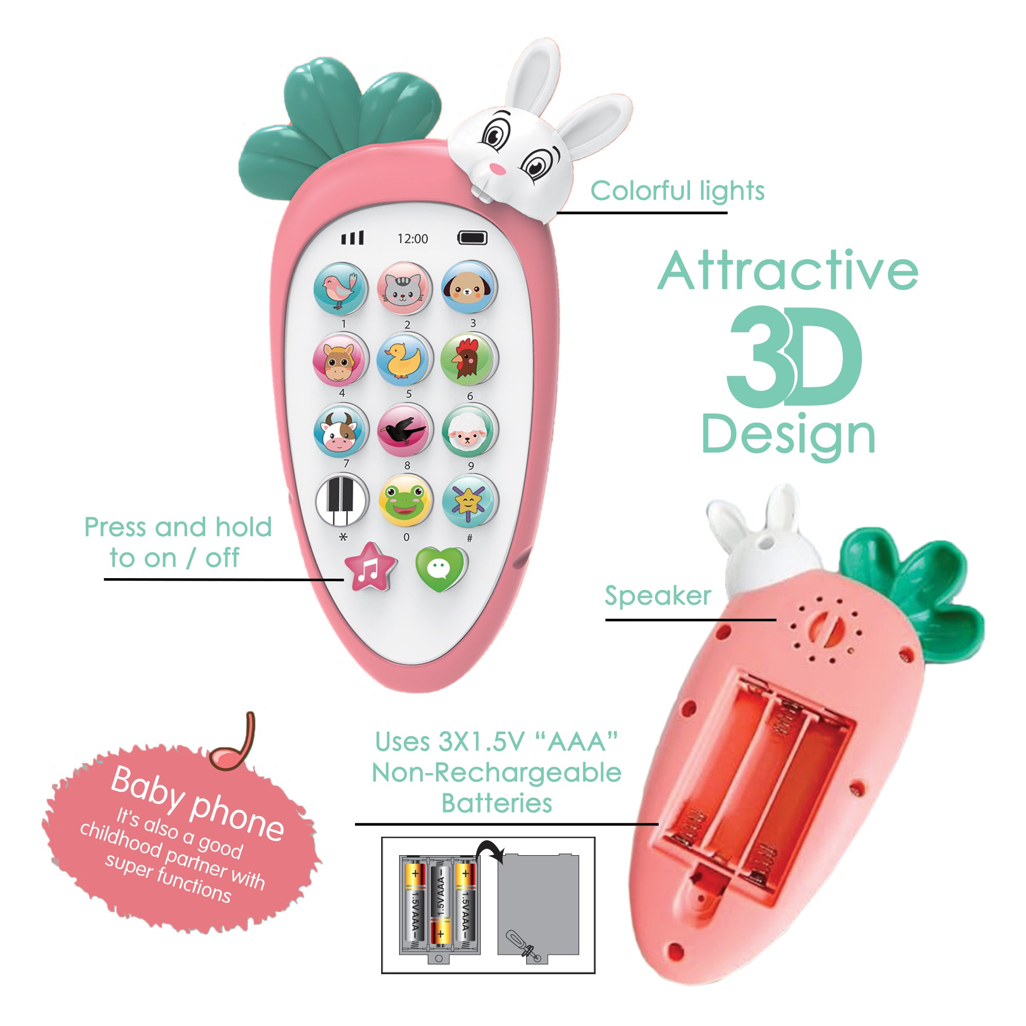 Baby Moo intelligent Bunny Interactive Musical Mobile Phone Toy For Kids With 20 Built-in Songs, Animal Sounds & Chat Button - Pink