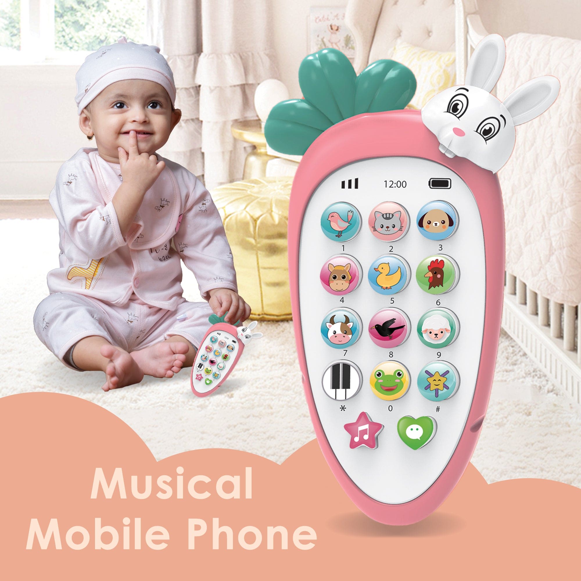 Baby Moo intelligent Bunny Interactive Musical Mobile Phone Toy For Kids With 20 Built-in Songs, Animal Sounds & Chat Button - Pink