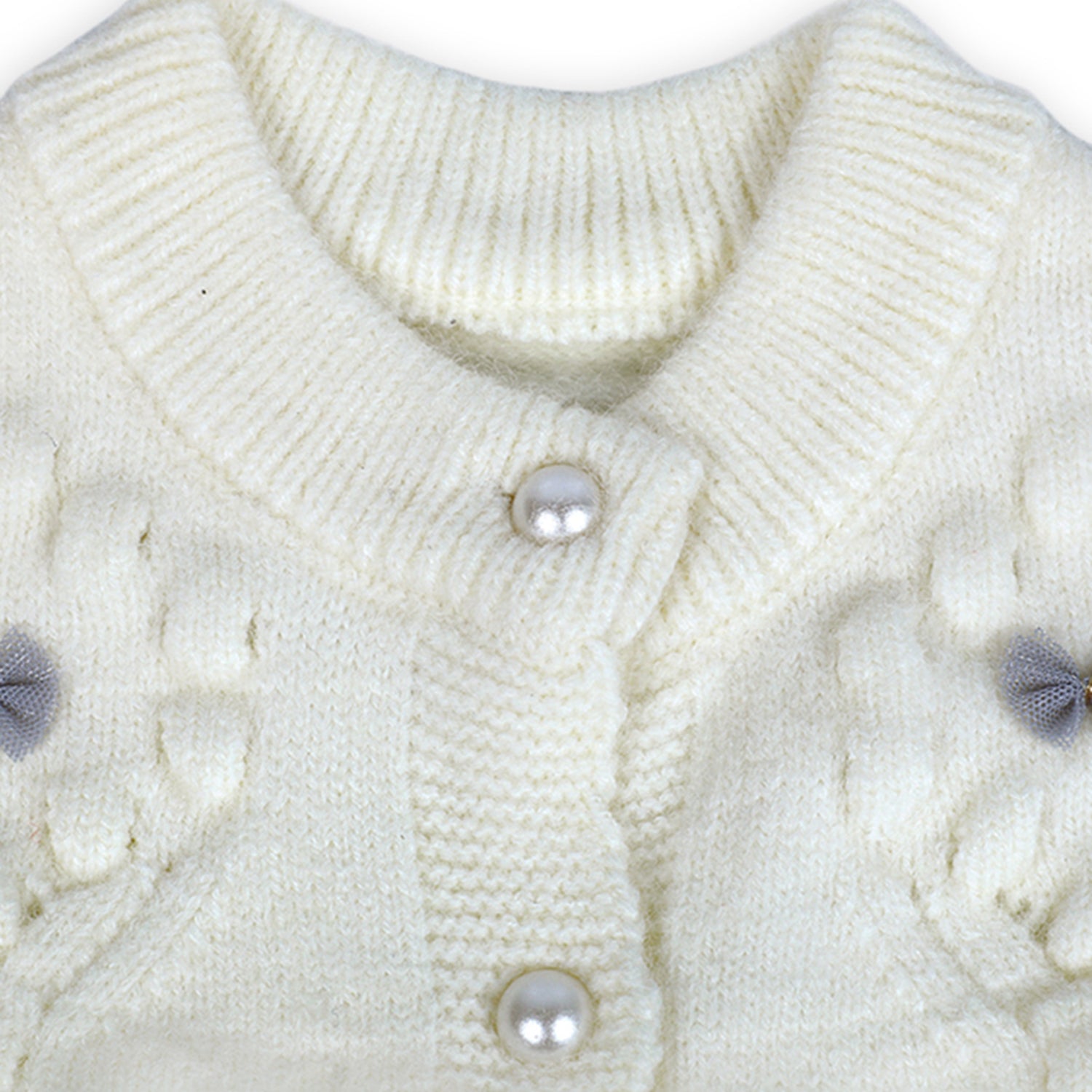 Elegant Bow And Pearl Buttons Premium Full Sleeves Knitted Sweater - Off White