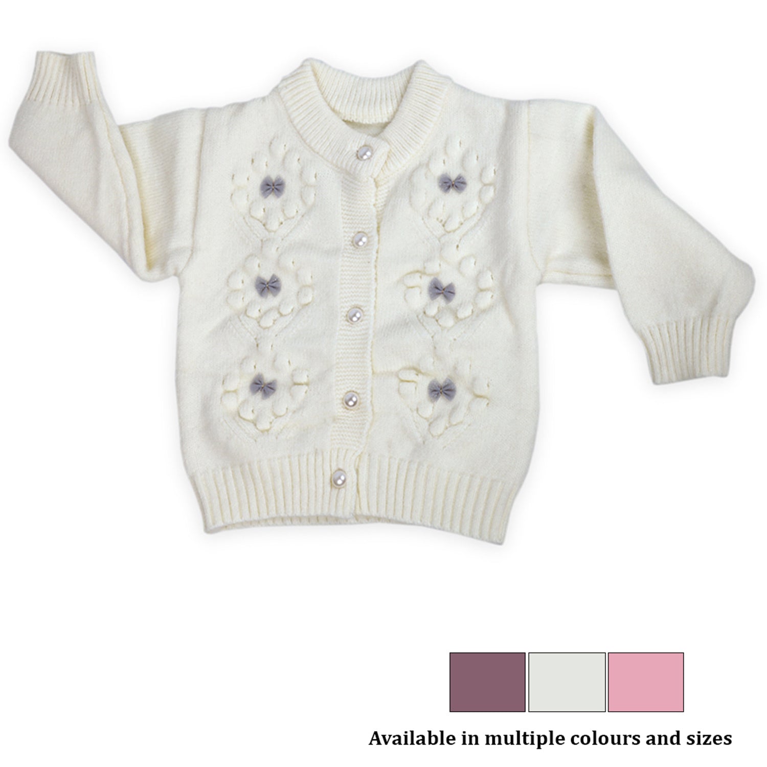 Elegant Bow And Pearl Buttons Premium Full Sleeves Knitted Sweater - Off White
