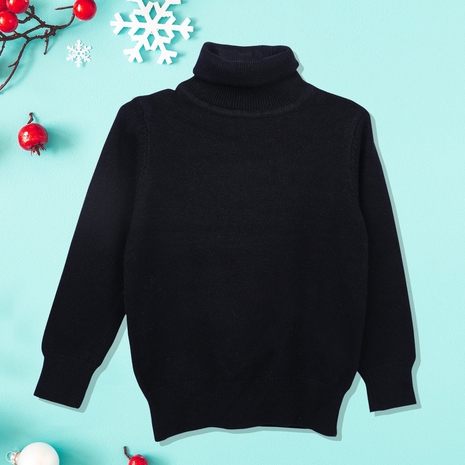 Basic Polo Neck Ribbed Premium Full Sleeves Knitted Kids Sweater - Black
