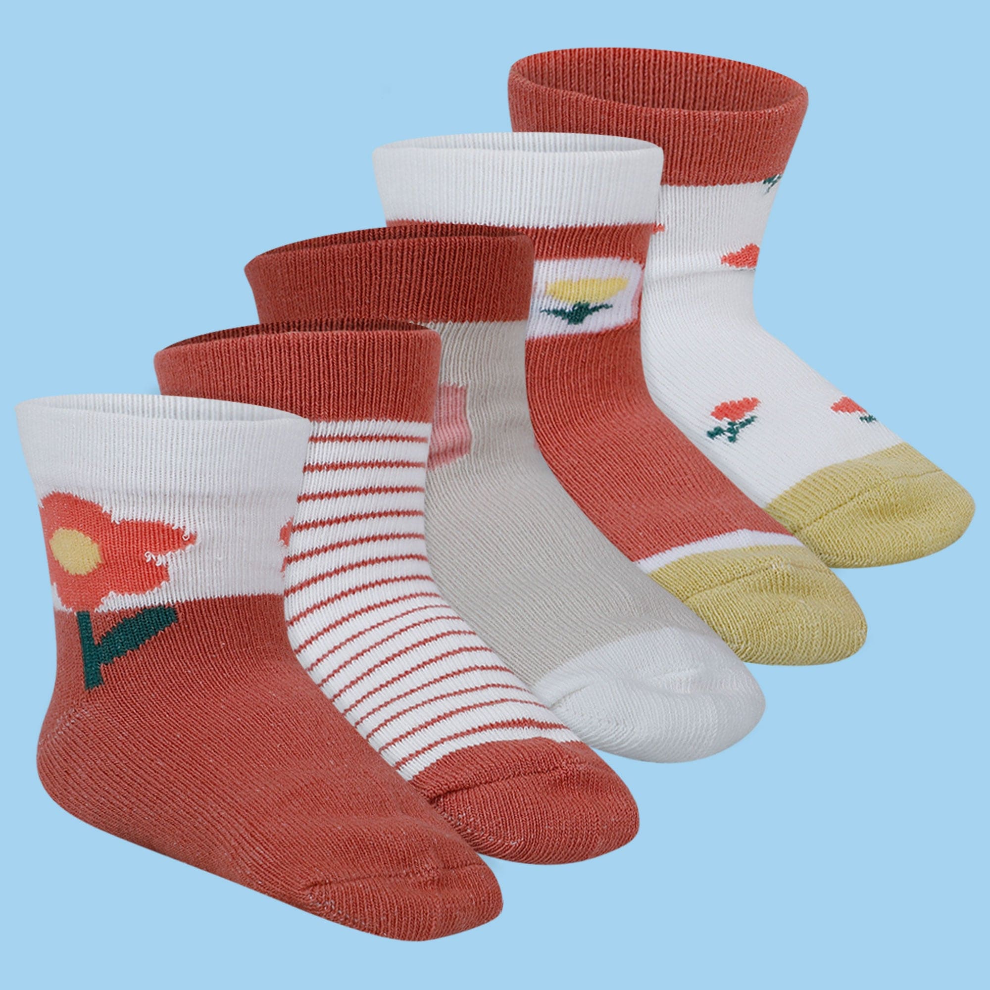 Baby Moo Floral Soft Socks Pack of 5 - Peach, White