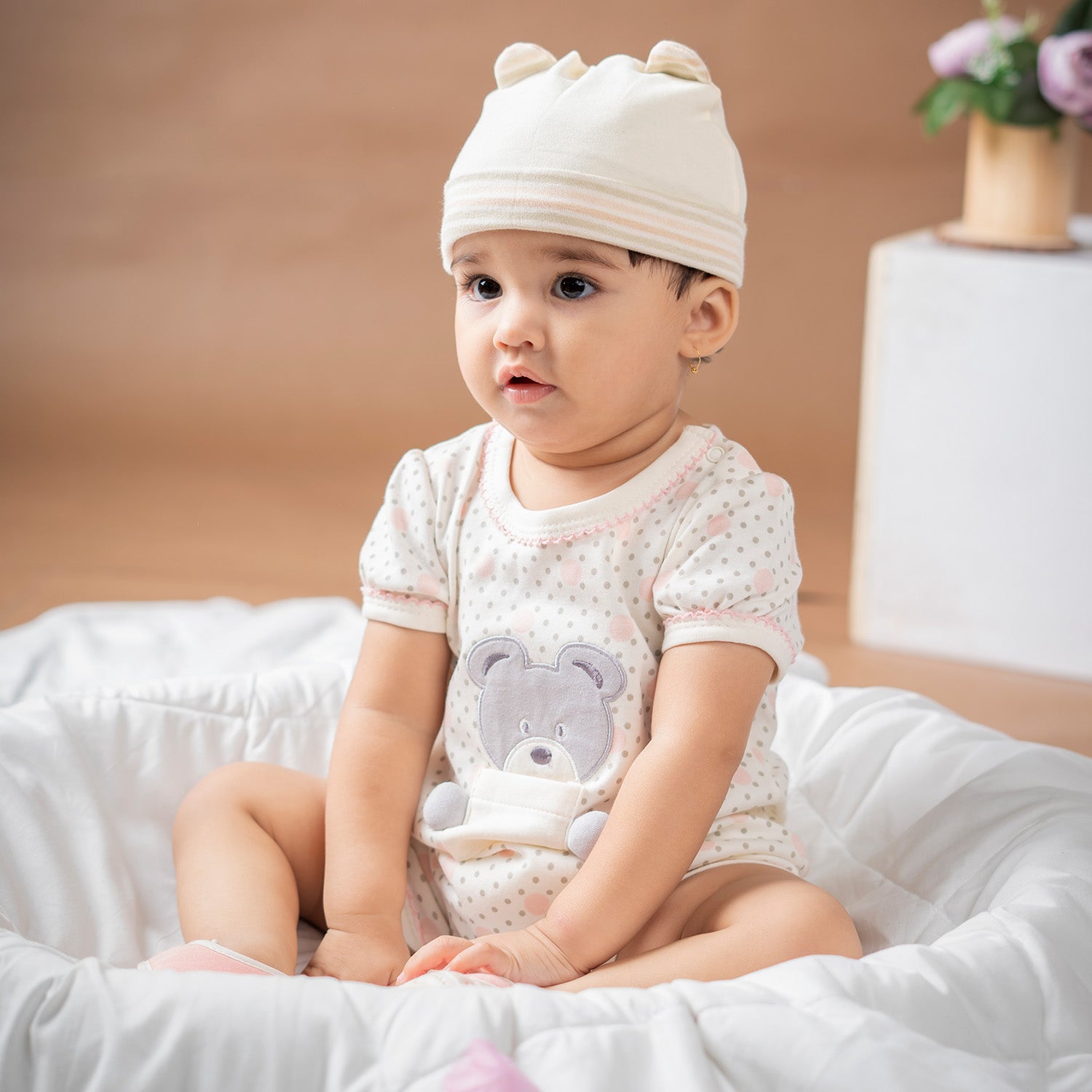 Baby Moo Pocket Teddy Embroidered Half Sleeve Short Romper - White