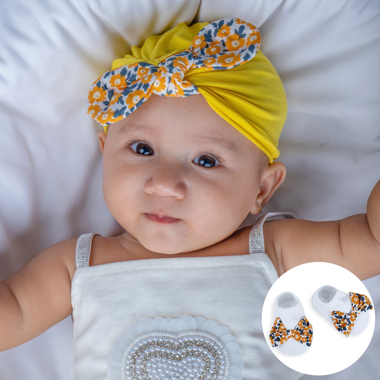 Baby Moo Floral Bow Matching Cap And Socks Set - Yellow
