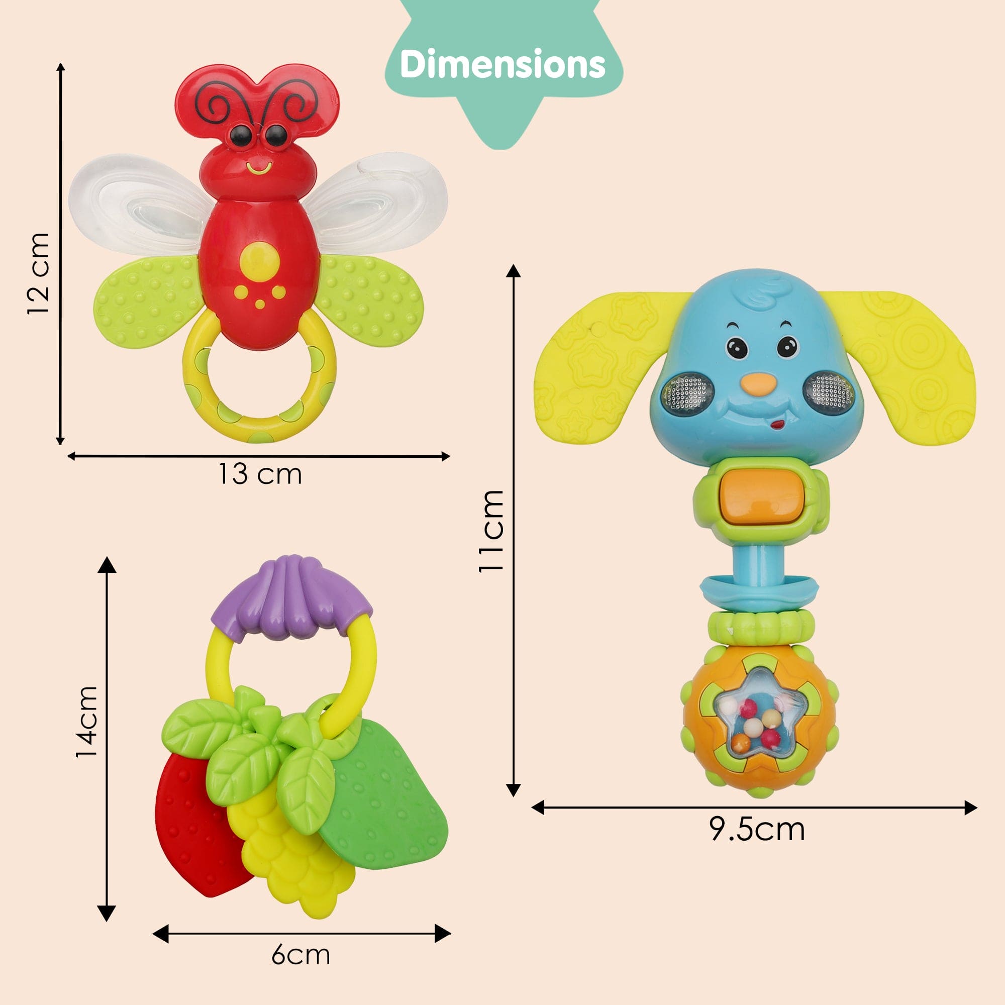 Animal And Fruit Multicolour Set of 3 Musical Rattle Teether