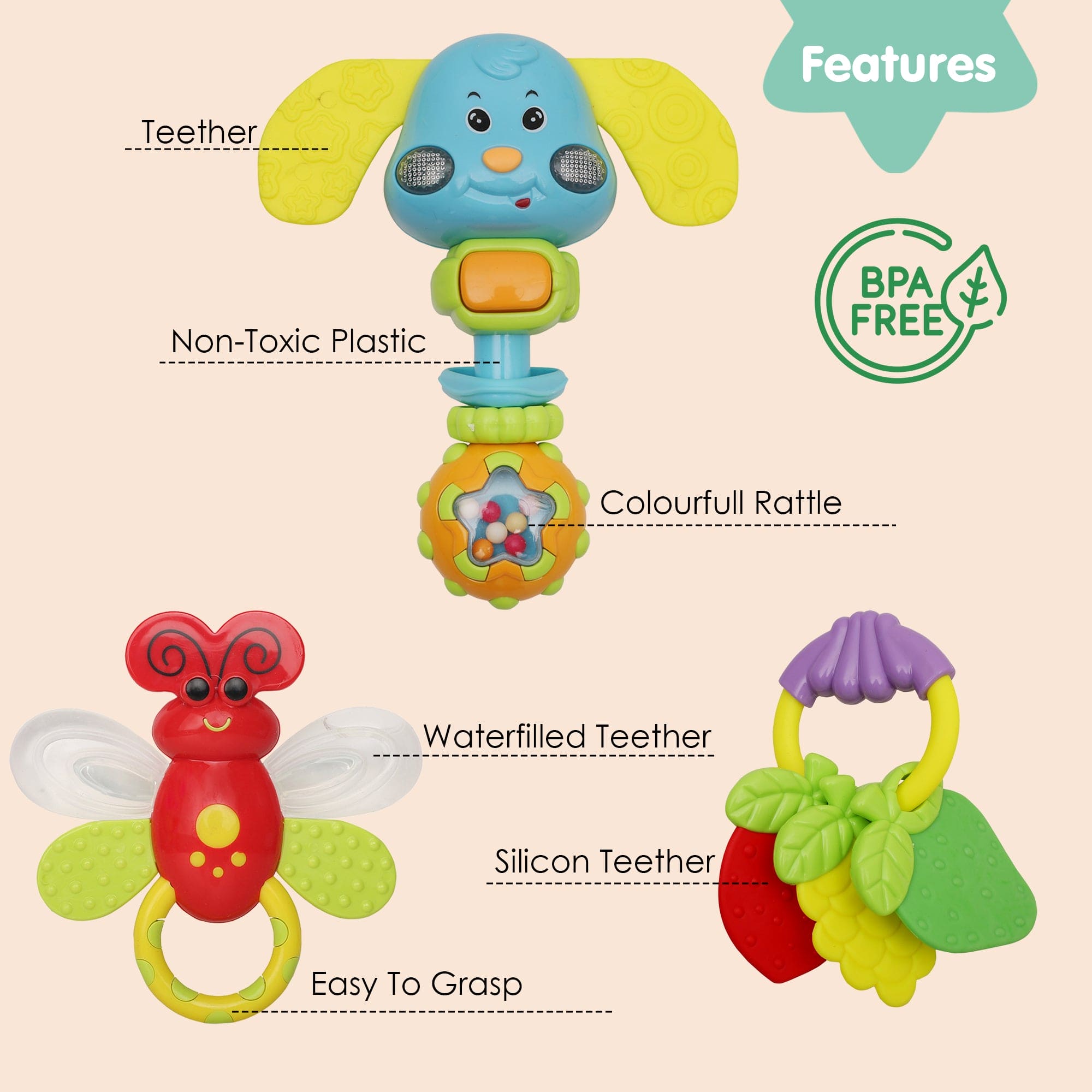 Animal And Fruit Multicolour Set of 3 Musical Rattle Teether