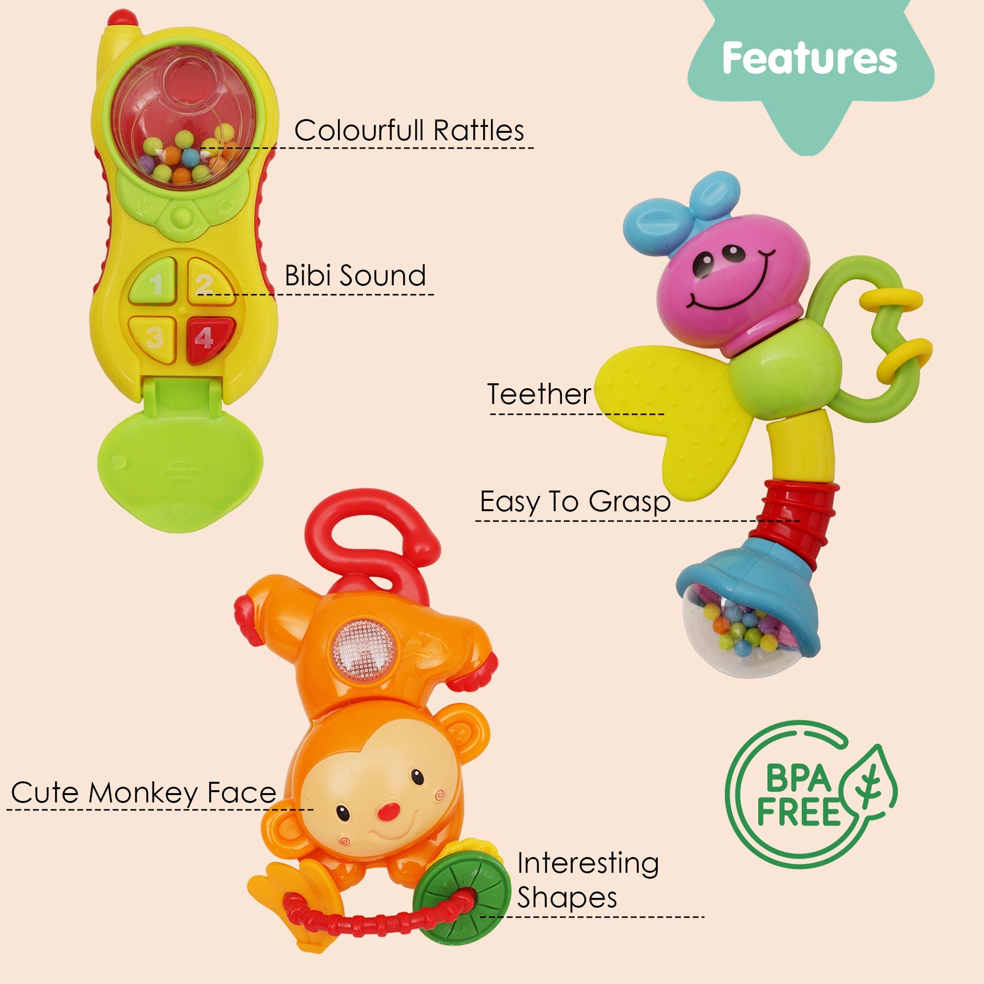 Phone Monkey And Butterfly Multicolour Set of 3 Rattle Toys