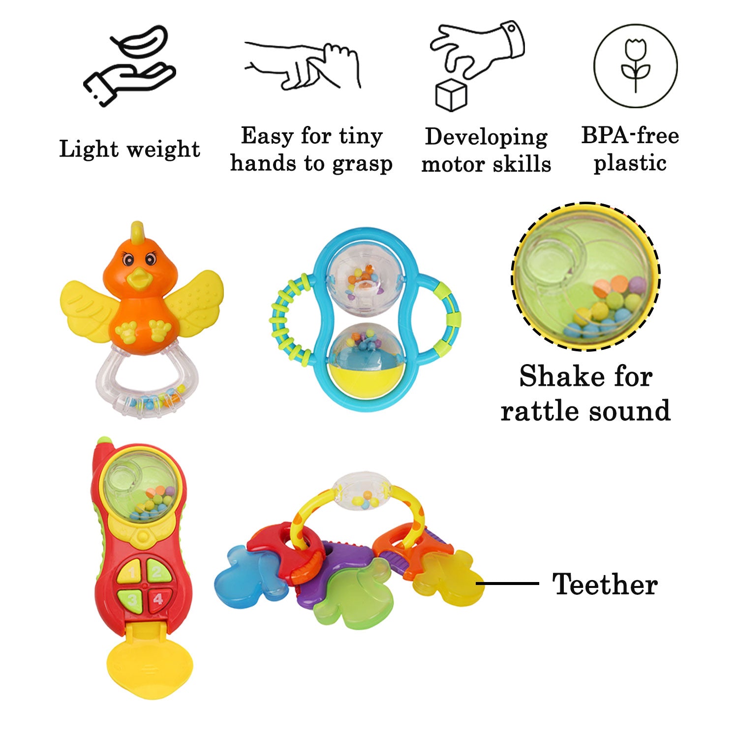 Mixed Multicolour Set of 4 Musical Rattle Toys With Light