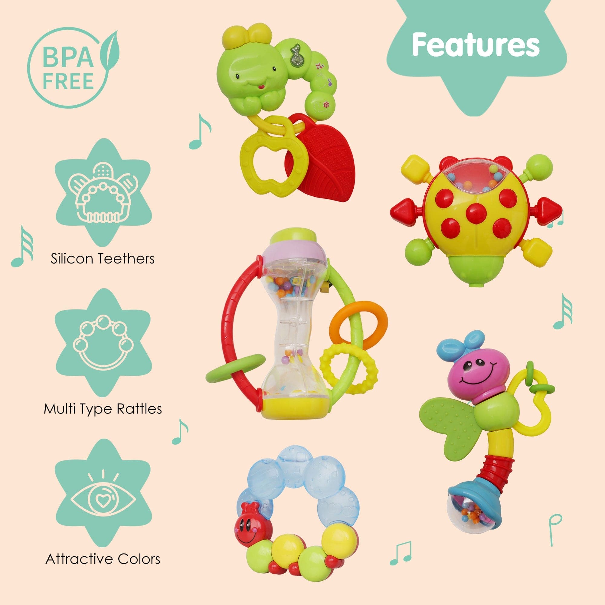 Premium Multicolour Set of 5 Musical Rattle Toys With Light