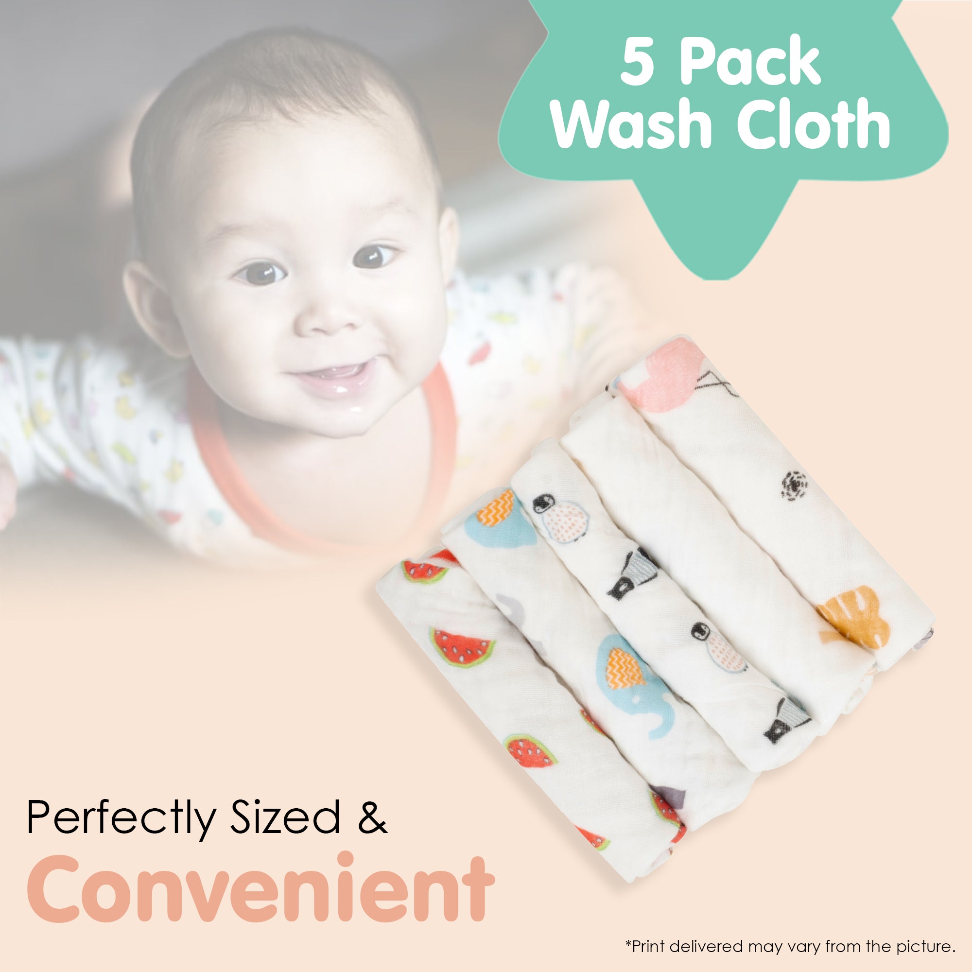 Baby Moo Animal Soft And Absorbent Muslin Napkins Set of 5 Wash Cloth - White