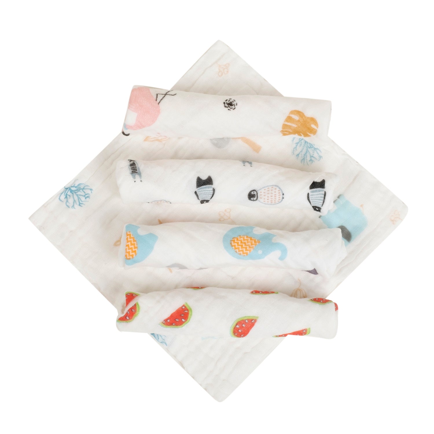Baby Moo Animal Soft And Absorbent Muslin Napkins Set of 5 Wash Cloth - White