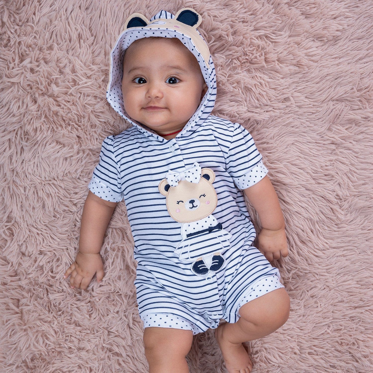 Baby Moo Striped Blushing Bear Hooded Short Romper Grey