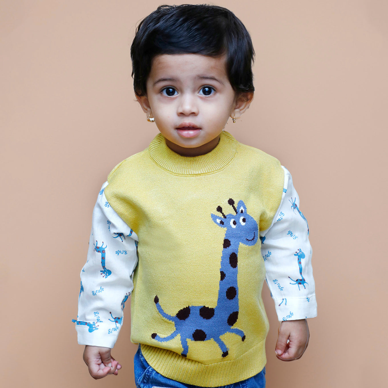 Cute Giraffe Premium Full Sleeves Knitted Sweater - Mustard And White