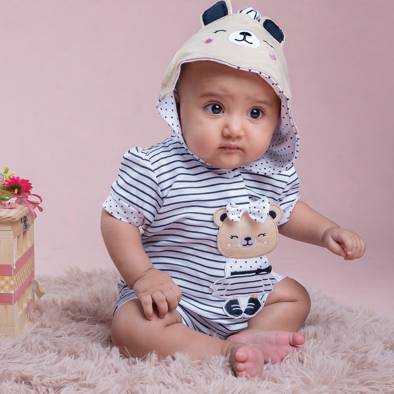 Baby Moo Striped Blushing Bear Hooded Short Romper - Grey