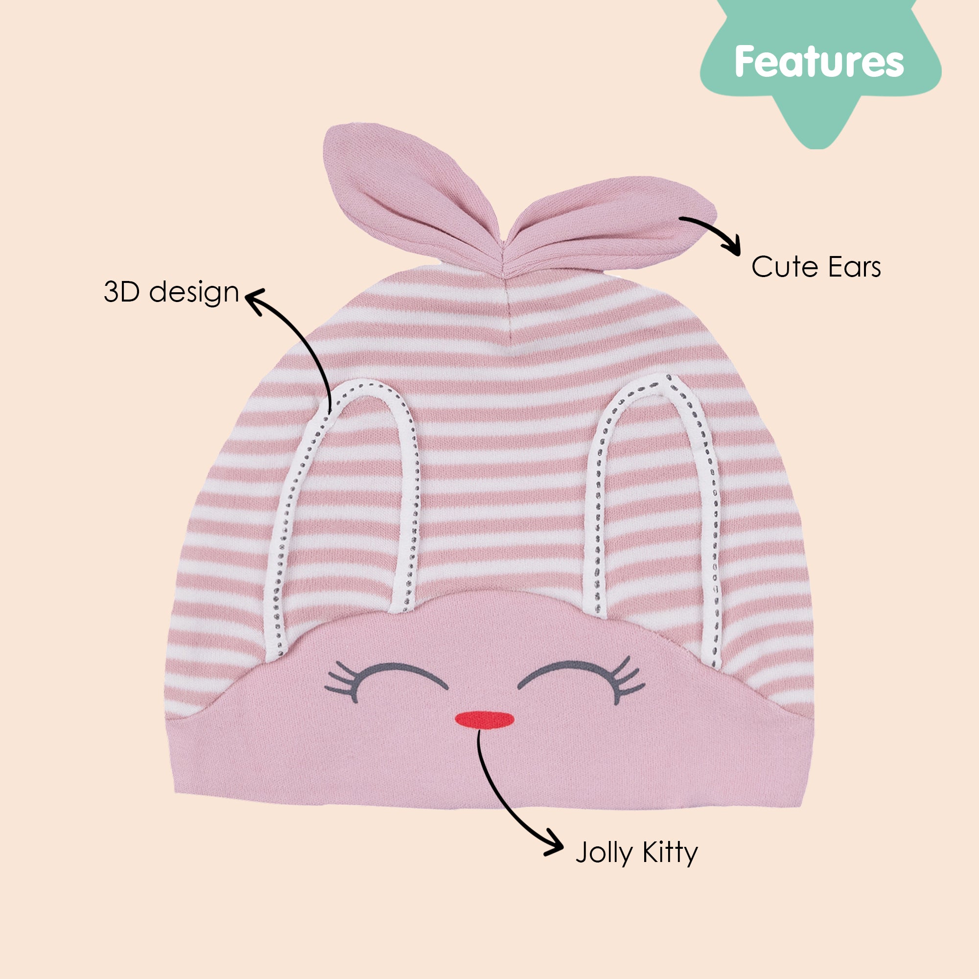 Baby Moo Jolly Kitty All Season Stretchable Hosiery Warm 3D Beanie Cap - Pink