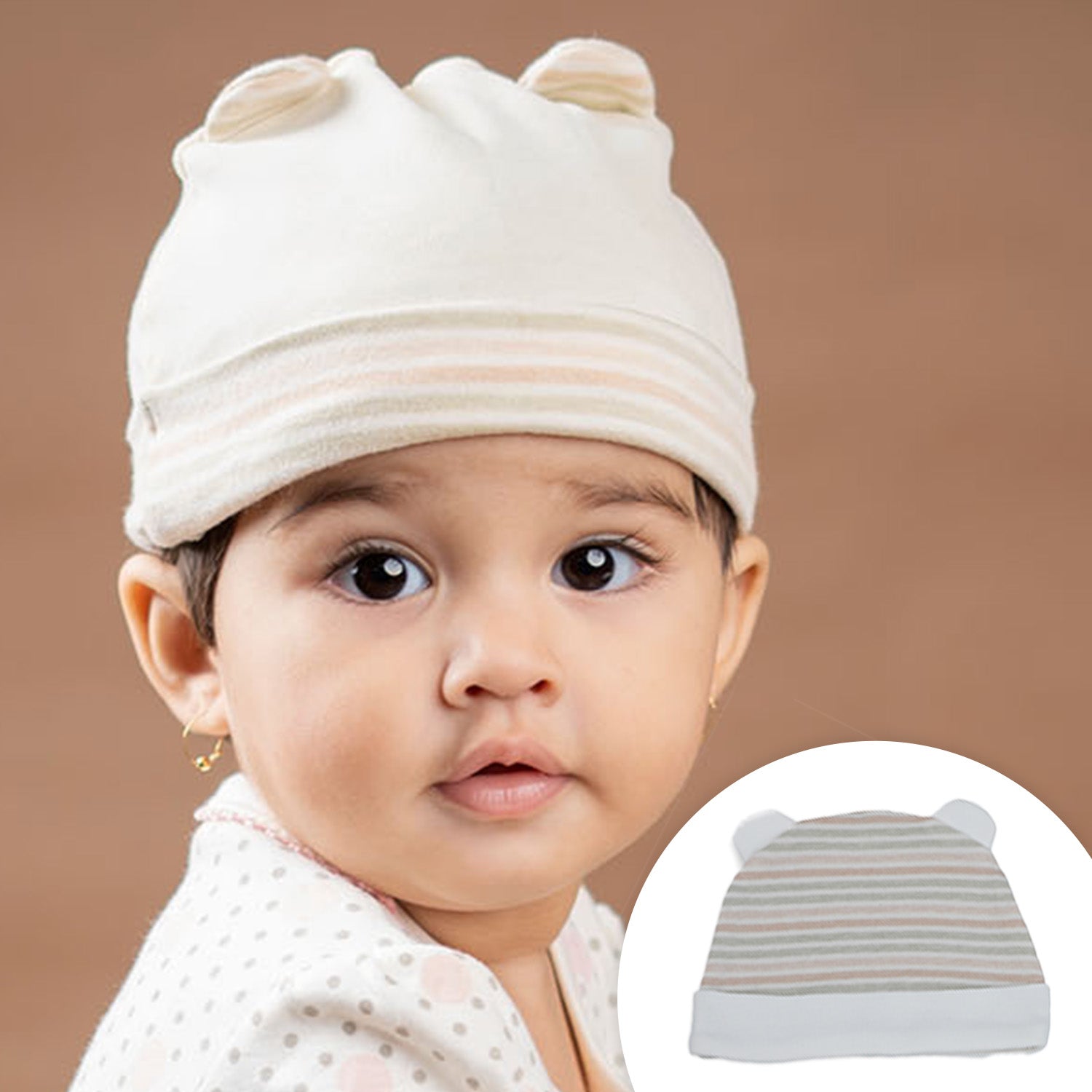 Baby Moo Solid And Striped Organic Soft Cotton Pack of 2 Caps - Beige - Baby Moo