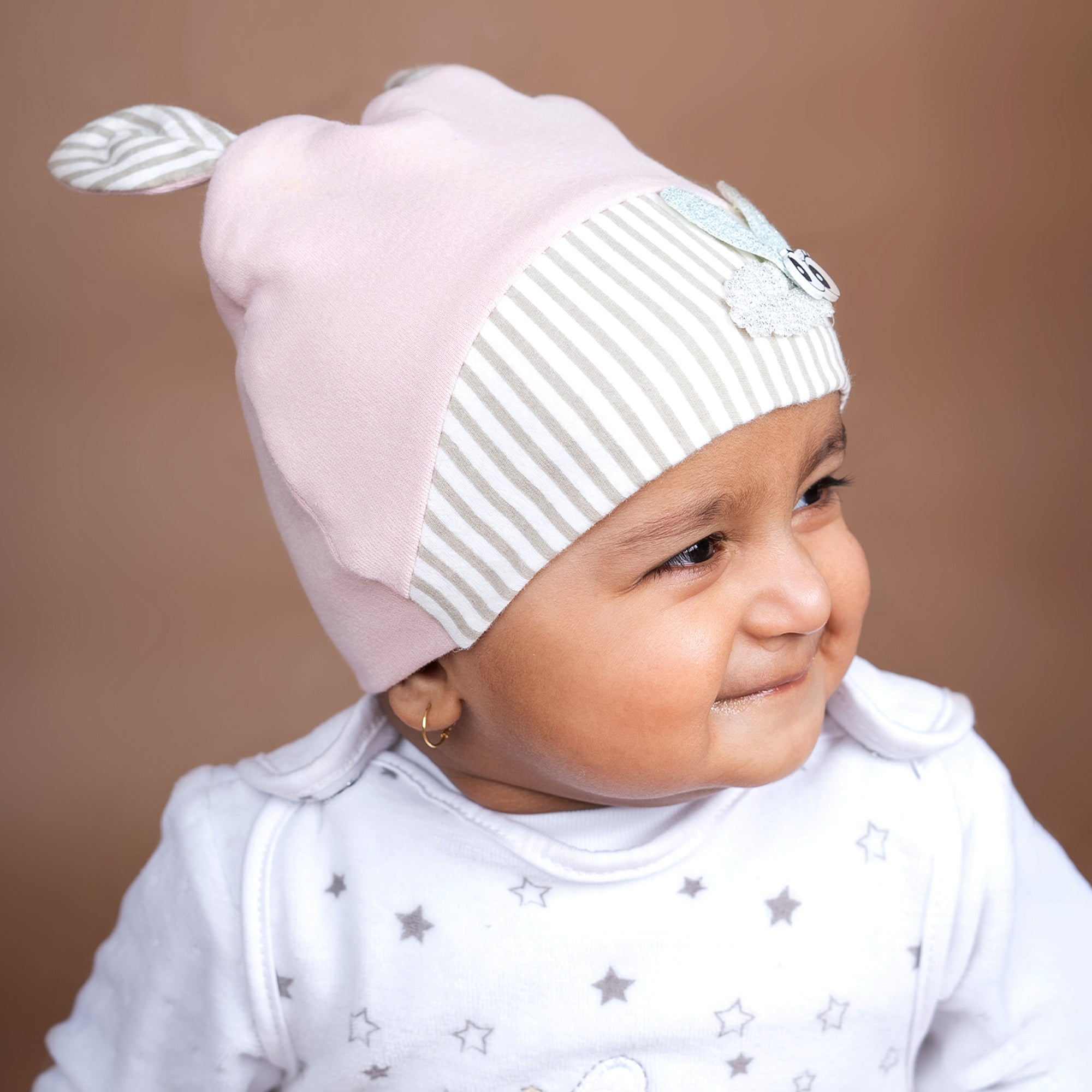 Baby Moo Busy Bee All Season Stretchable Hosiery Warm 3D Beanie Cap - Pink