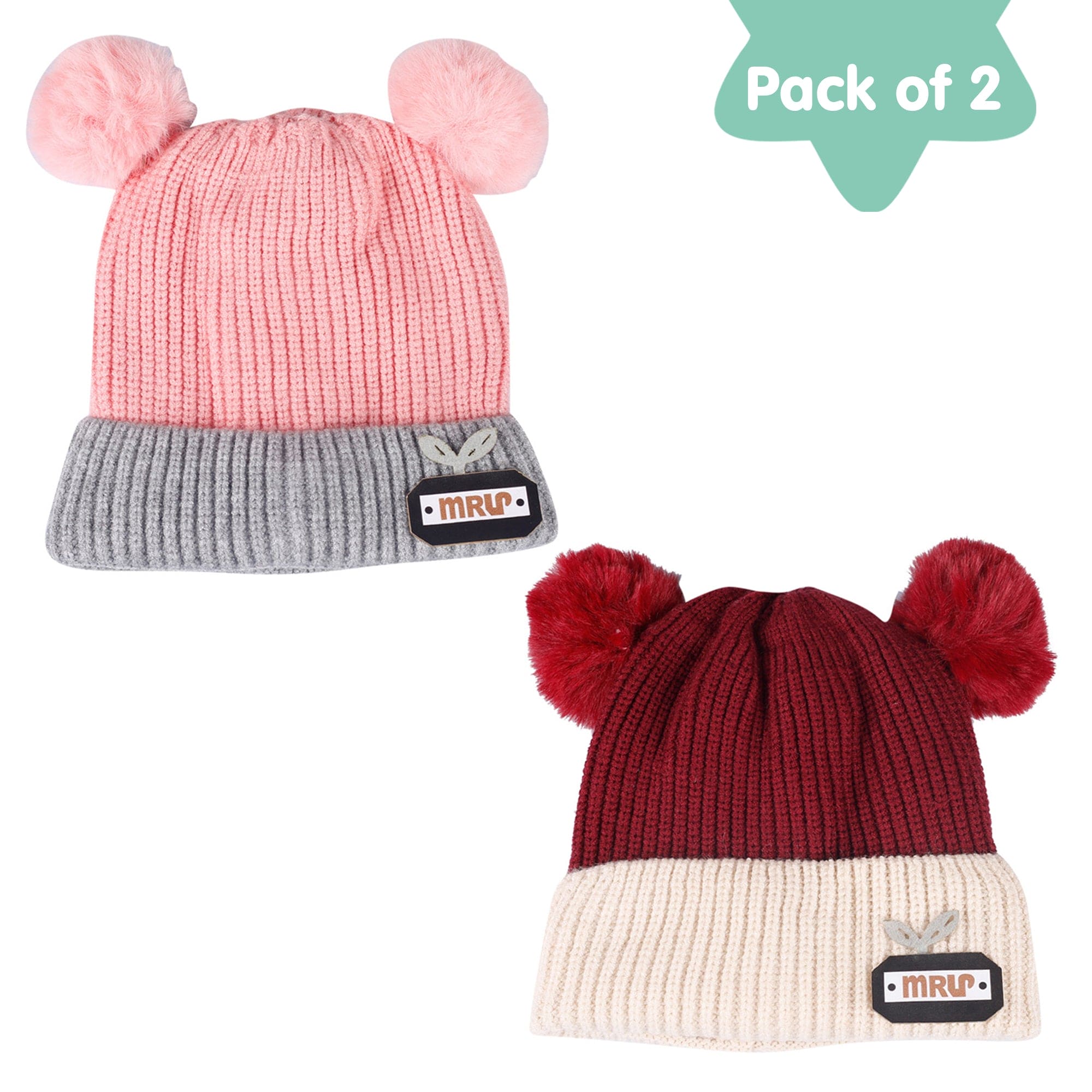 Pom Pom Maroon And Pink 2 Pk Woolen Cap