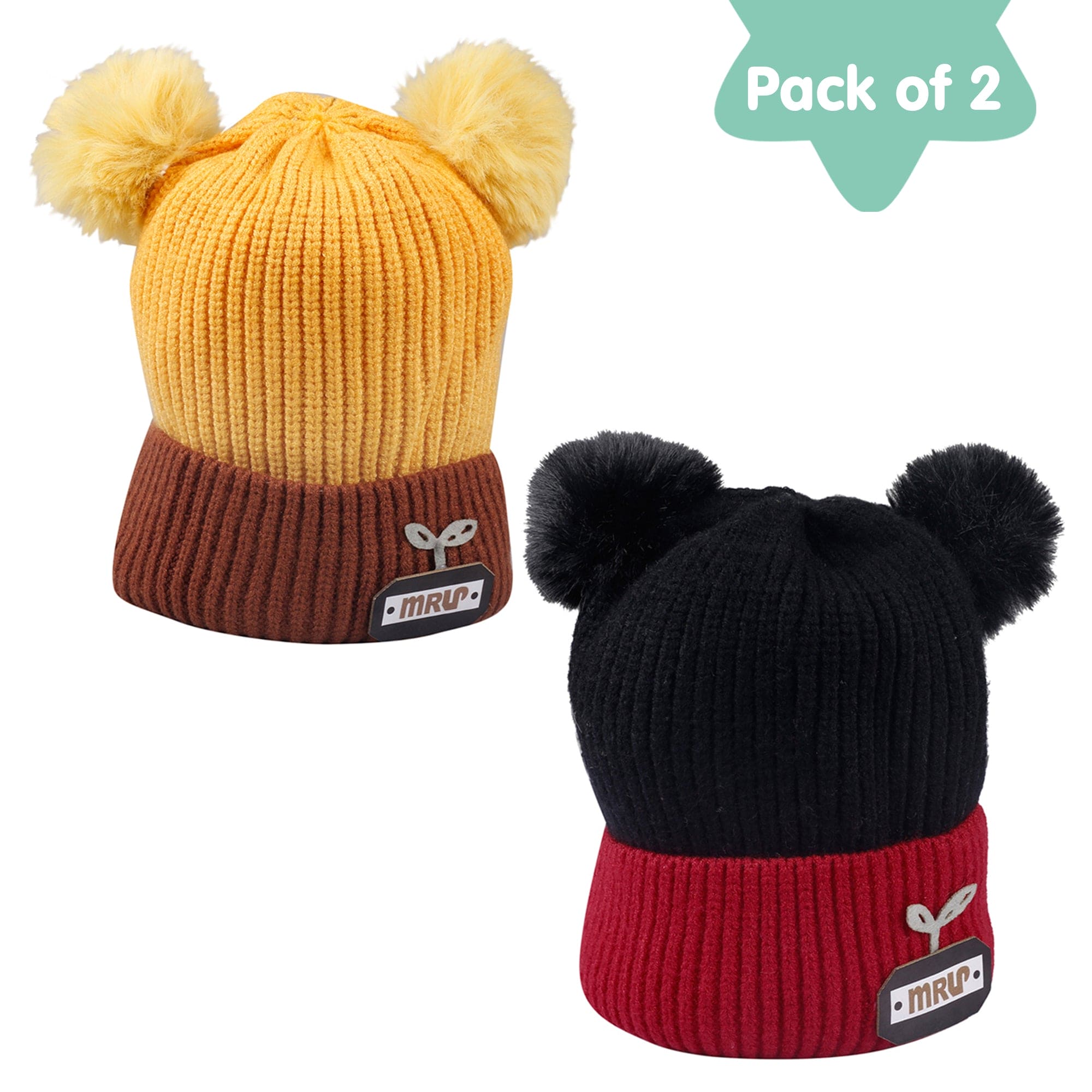 Pom Pom Black And Yellow 2 Pk Woolen Cap