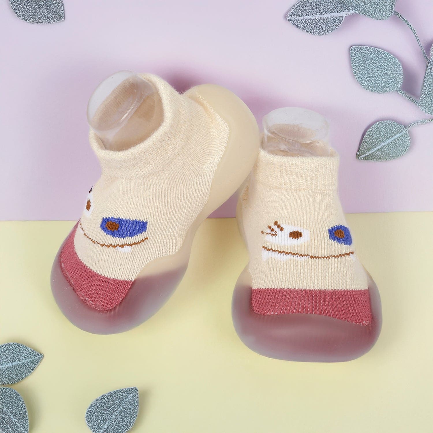 Cute Eye Anti-Skid Slip-On Rubber Sole Shoes - Cream, Maroon