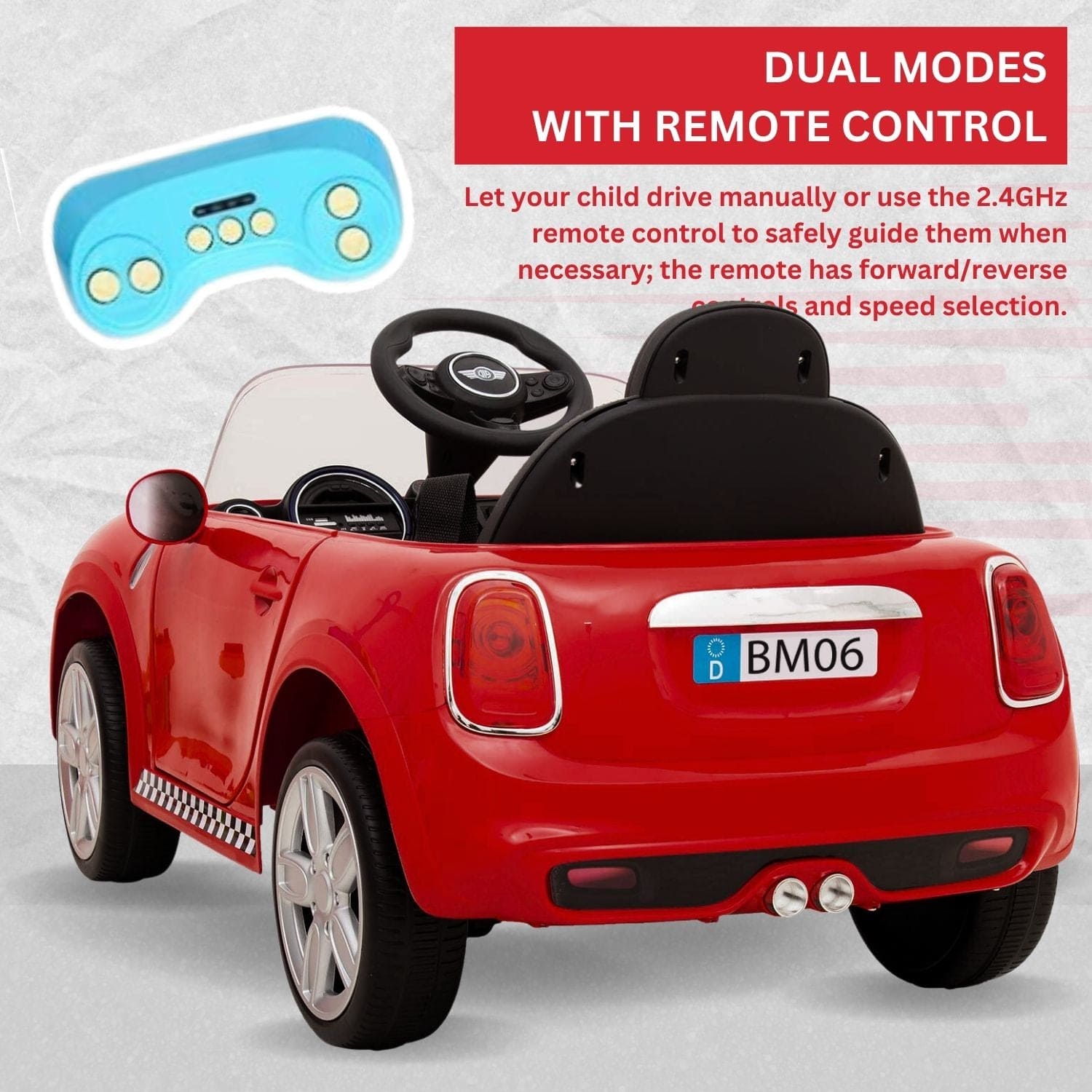 Baby Moo Mini Cooper Electric Ride-On Car for Kids | Rechargeable 12V Battery | Remote Control | USB MP3 Player | Ages 1-5 - Red